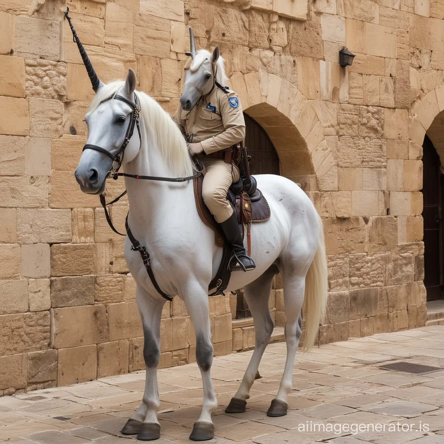 Israeli policeman and a unicorn in the old city of Jerusalem. The horse has 4 legs and one big horn in the middle.