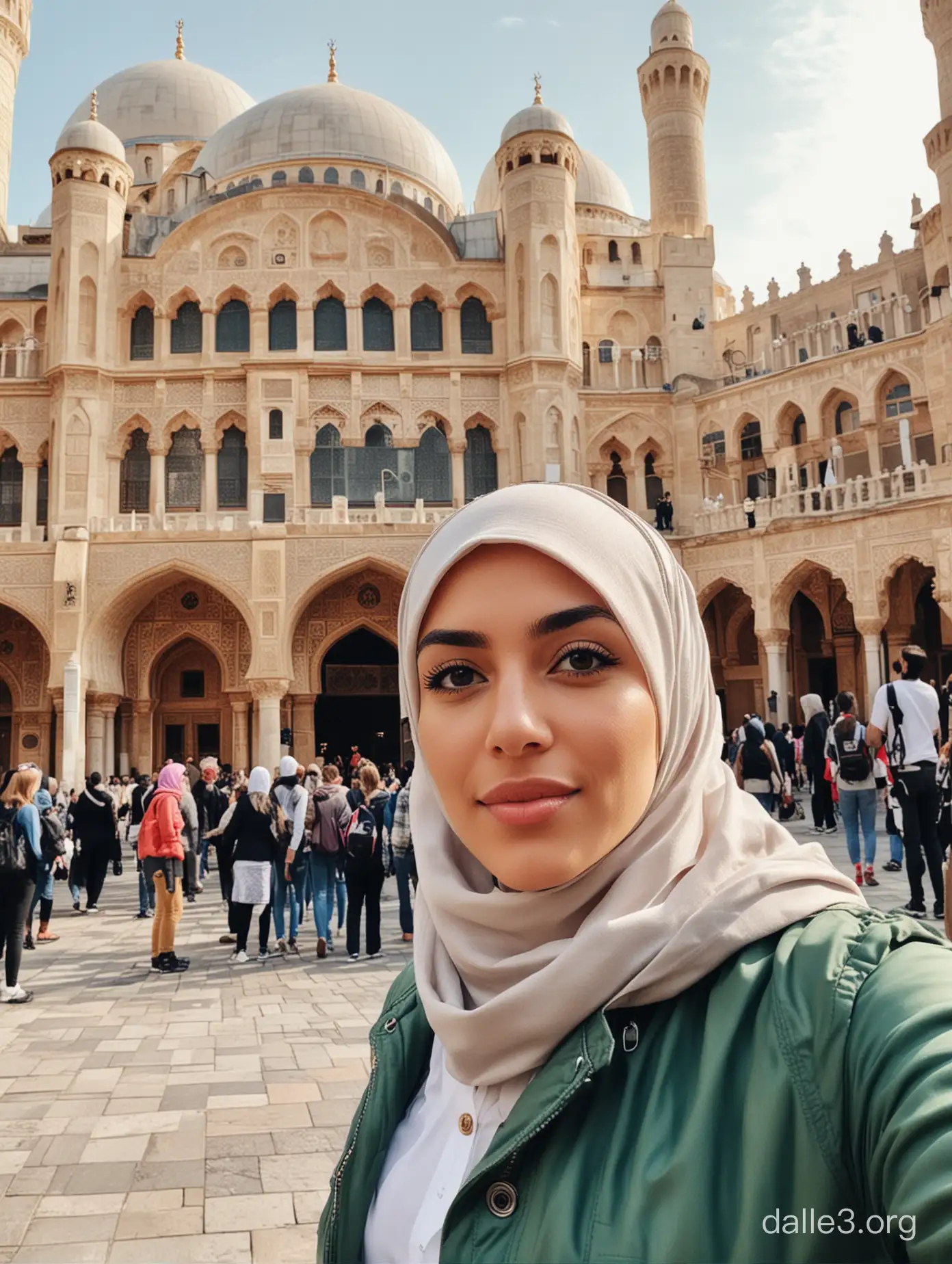 instagram selfie, a woman in hijab wearing Harrington Jacket stands in front of a bustling tourist attraction