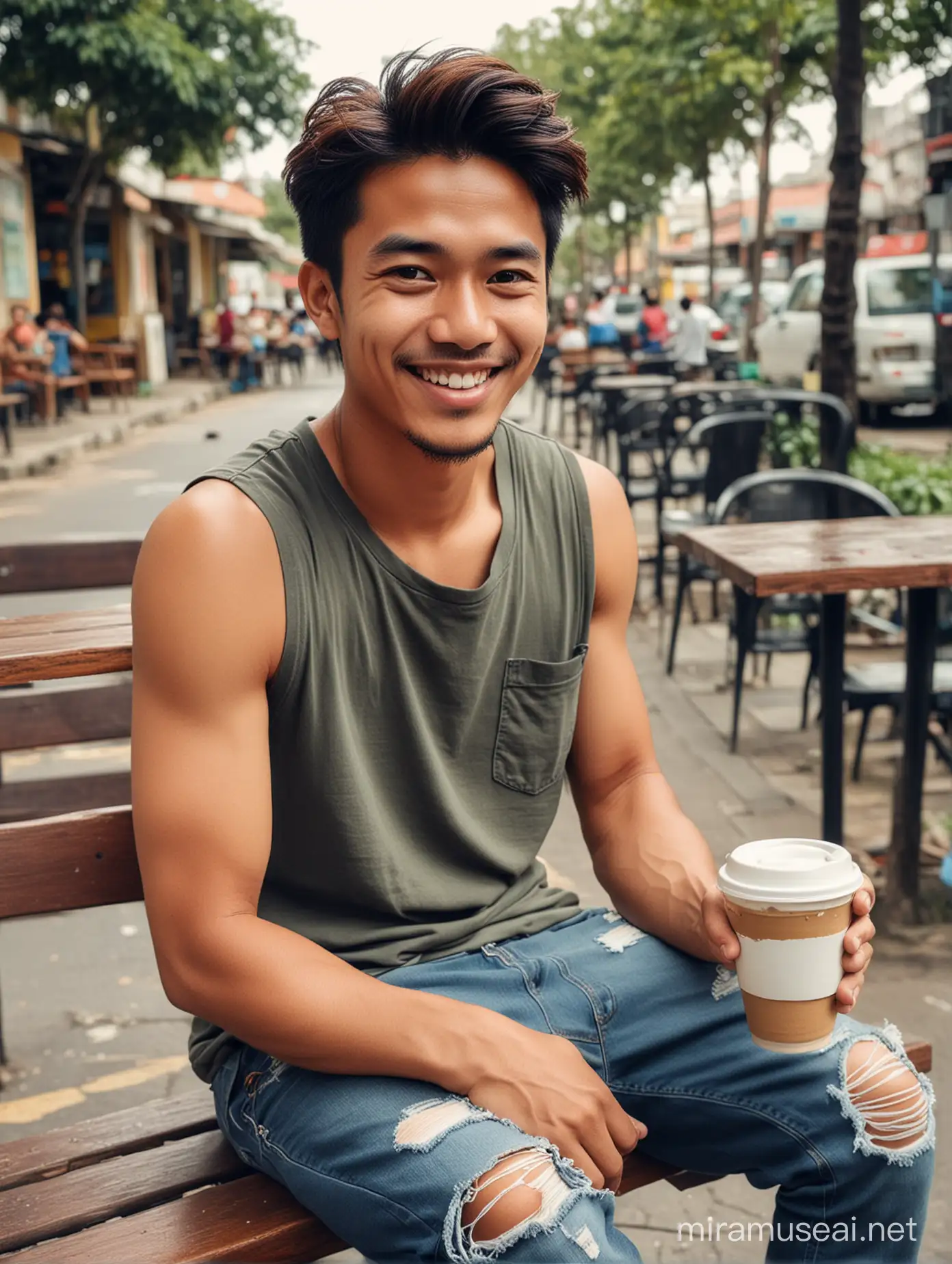 Young Indonesian Man Enjoying Hot Coffee at Roadside Cafe