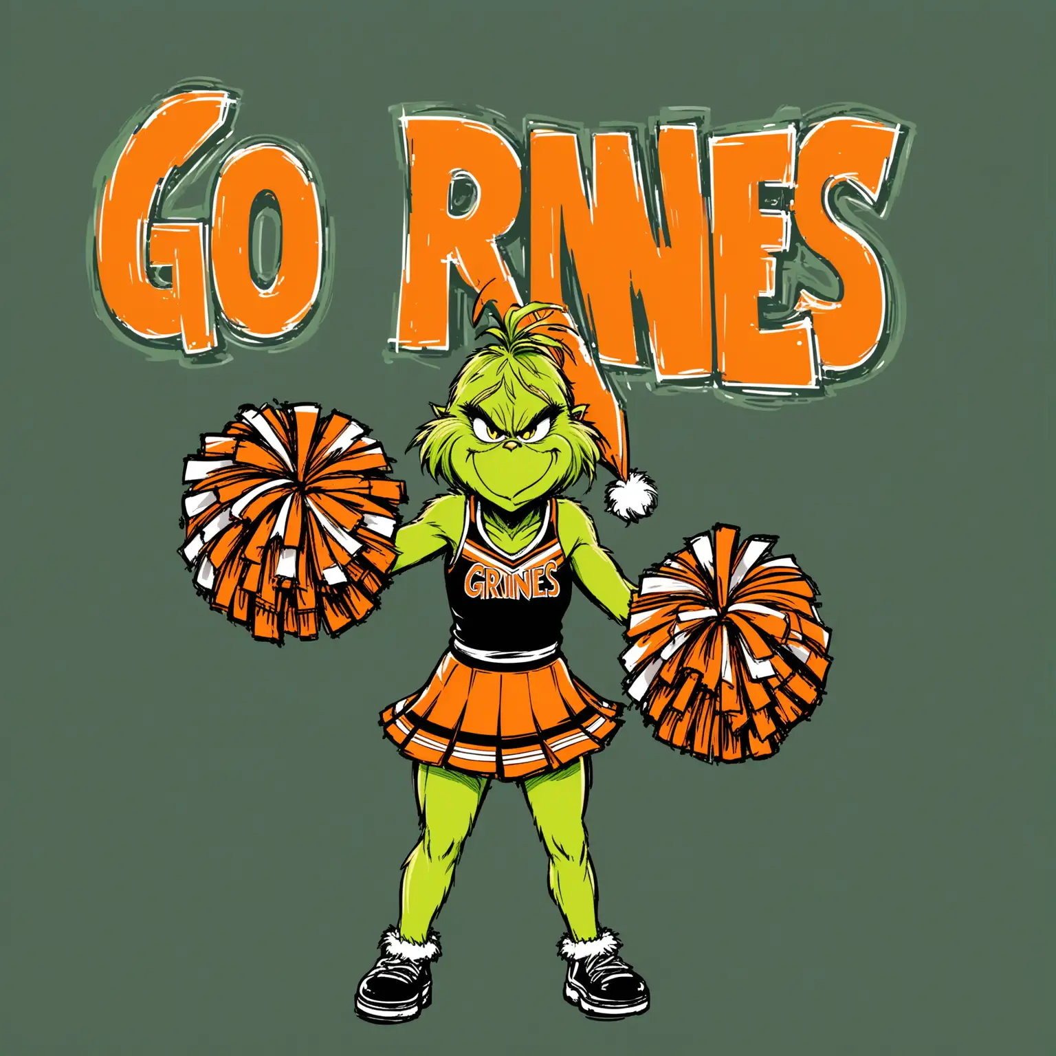 grinch on transparent background wearing an orange and black cheerleader's uniform and standing in front of a large banner that says GO GRINCHES