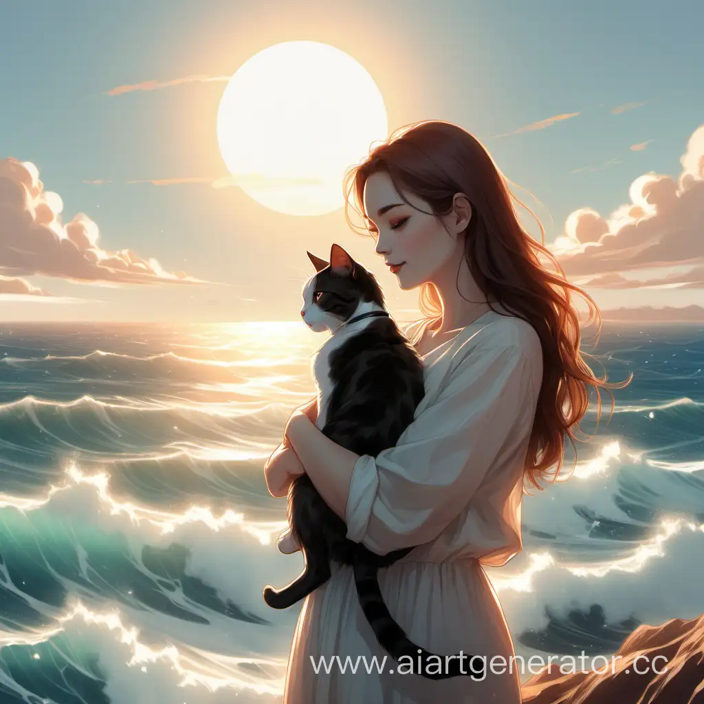 Нарисуй женщину, которая держит в руках кота и смотрит вдаль/ впереди океан/на небе солнце