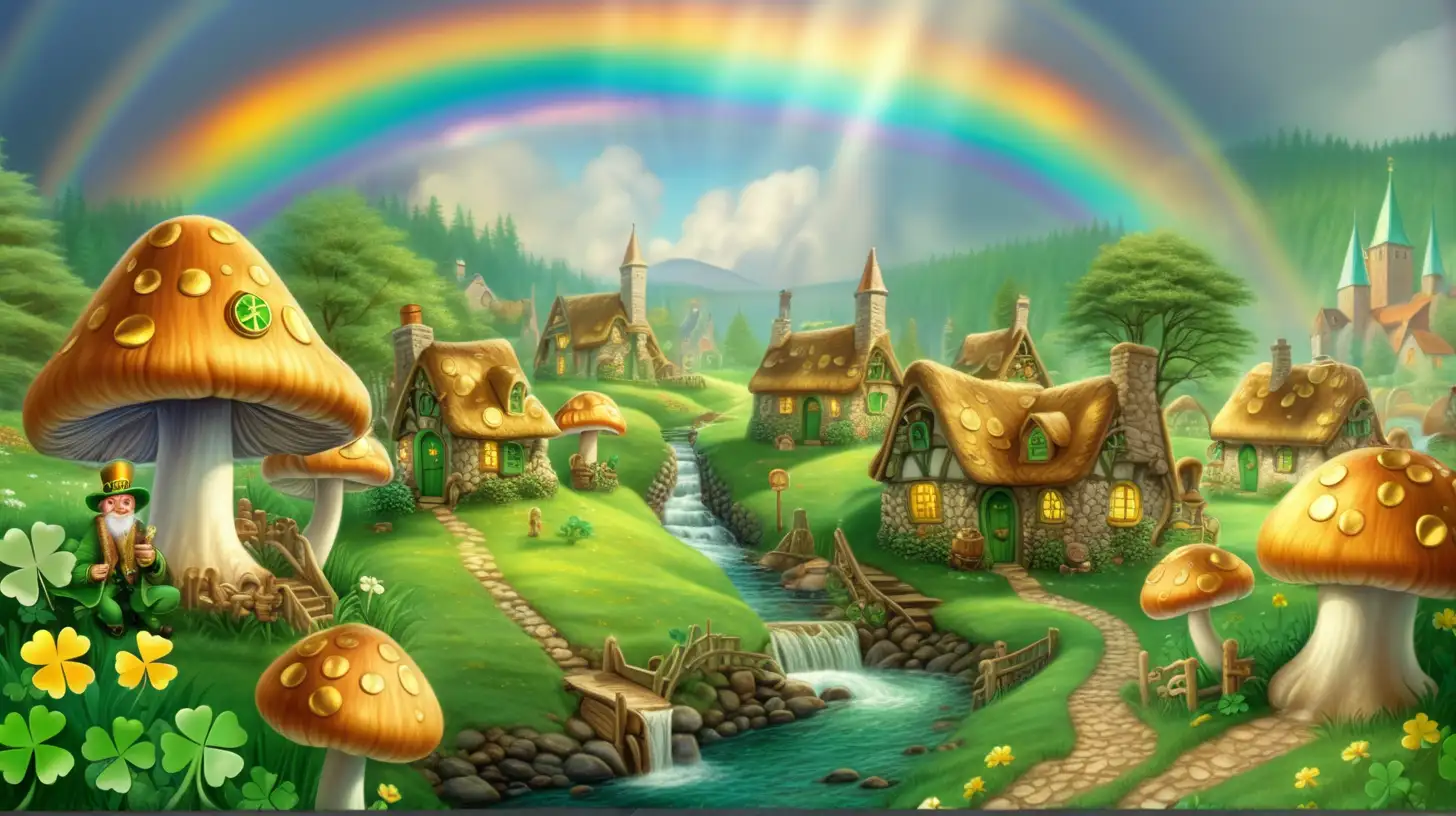 rainbows over a magical mushroom-village, a bright stream flowing through and a cauldron of gold coins on clovers and shamrocks, St. Patrick's Day