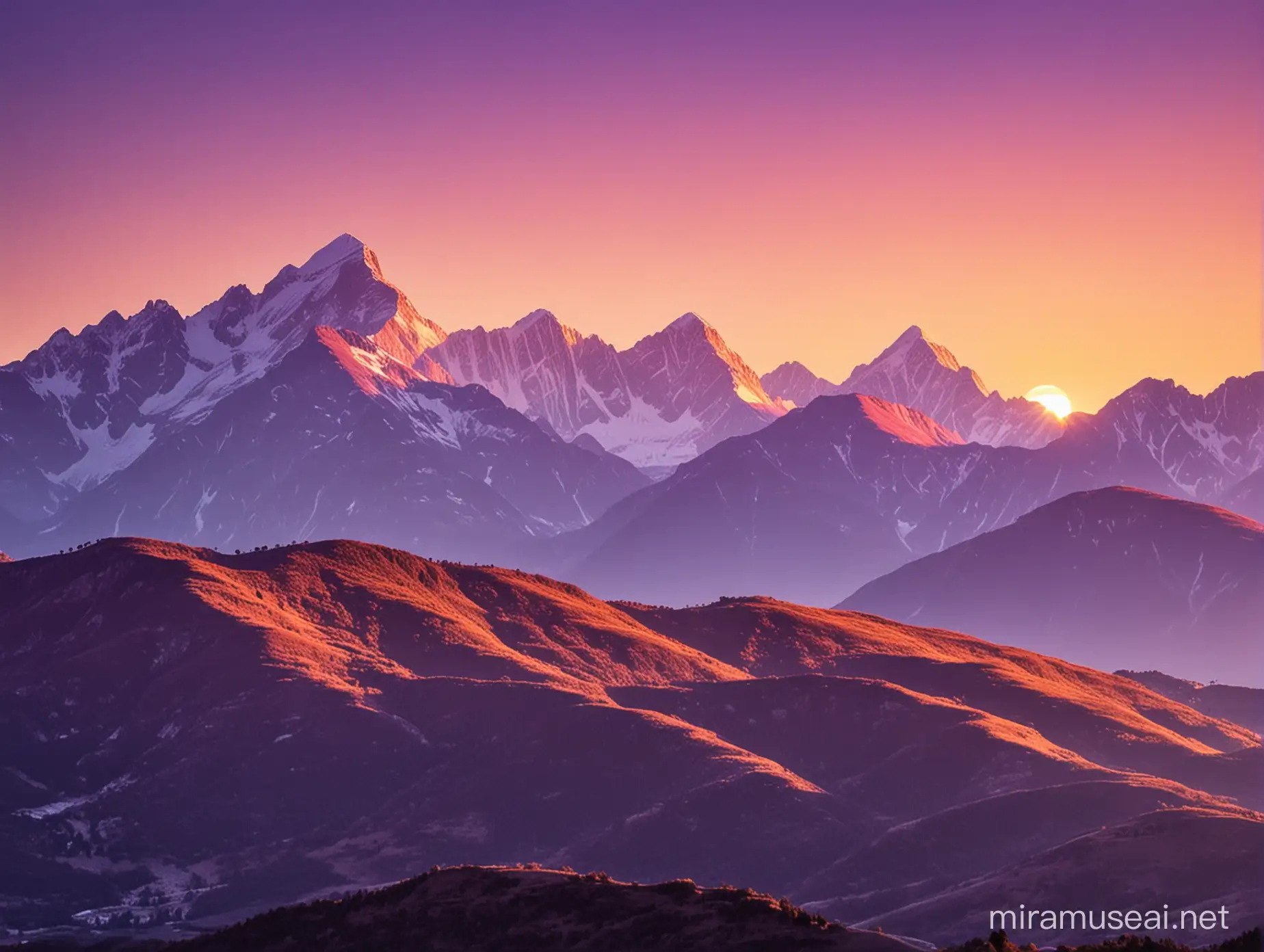mountainrange during sunset, the sky vibrant colours purple, gold, pink, the mountains looking purple, sun is seen setting behind the mountains to the left, light shining between the mountains
