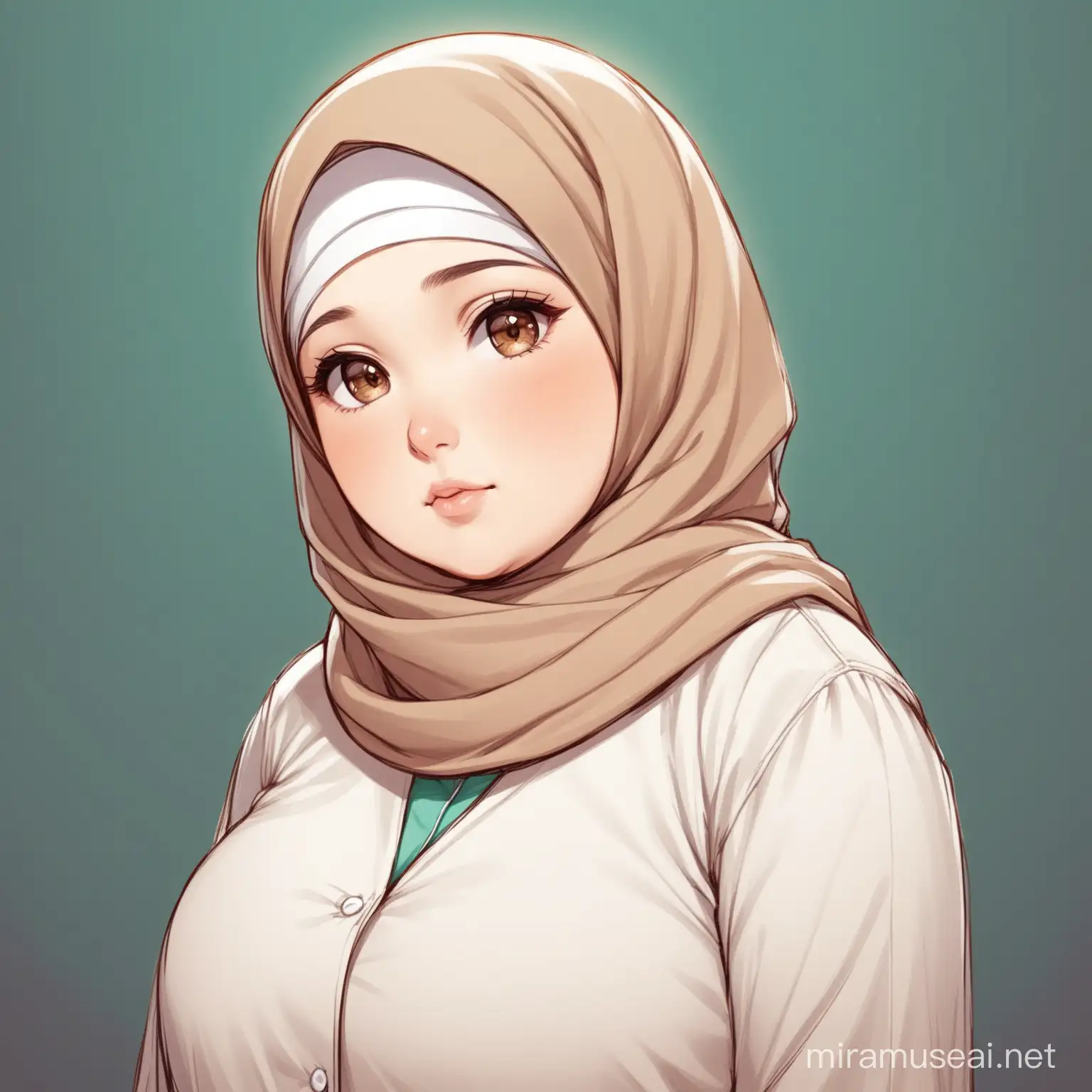 a white female with brown eyes, she is a little fat, just a little bit, 
she wears the hijab and the outfit of doctors, don't put any hat on her head, only a hijab
