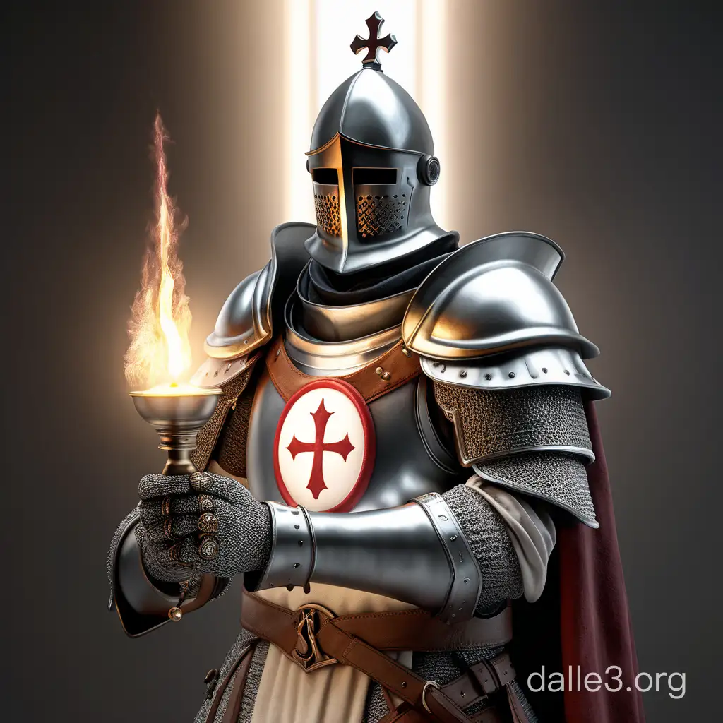 A Templar knight, holding a holy light in his right hand. Hyper realism fused with 3d art 