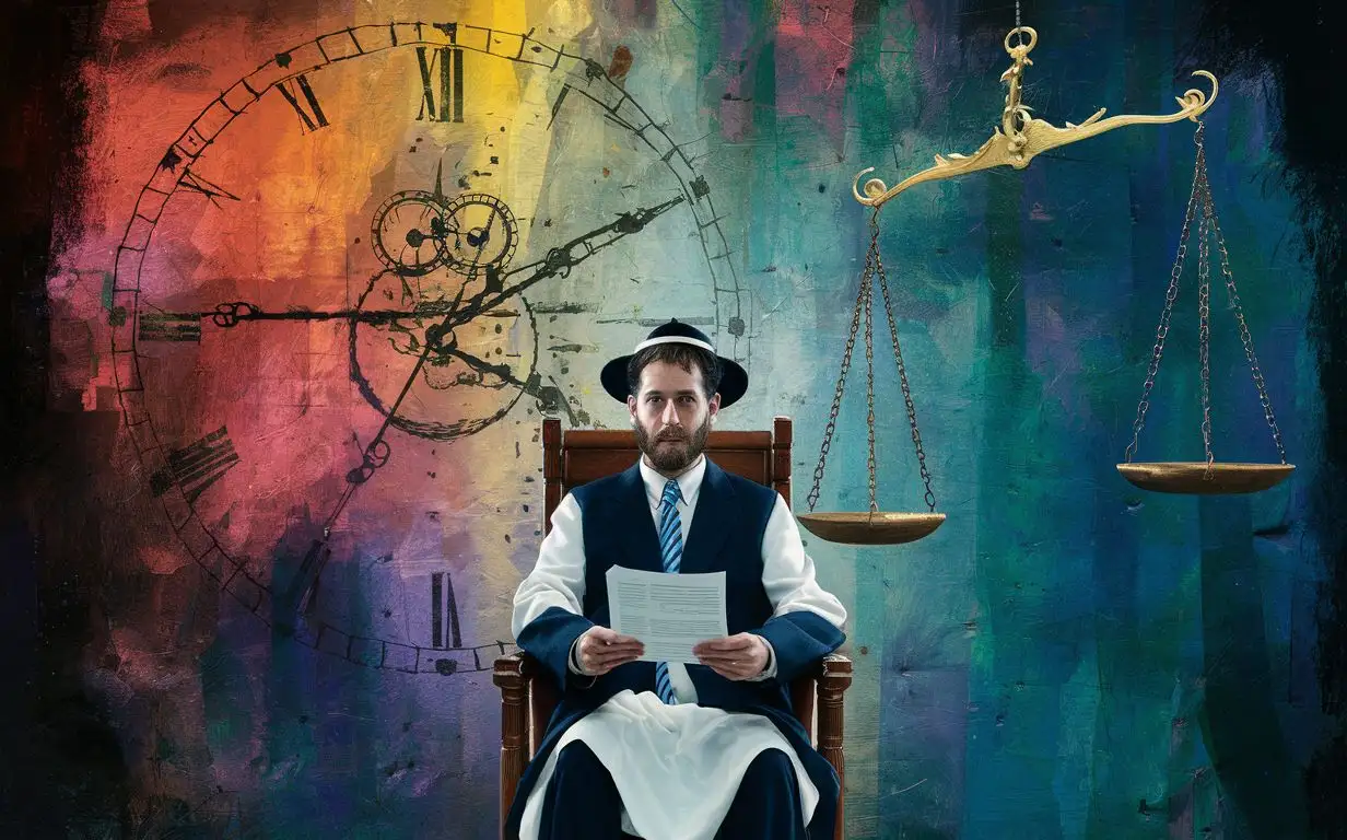 In this scene a man is sitting on a chair in his hands are sheets of paper that appear to be a report and he holds them out in front of him. He looks straight ahead with eyes that radiate hope. Chelovek is dressed in traditional Jewish clothing. The background is bright, colored. but many dark places, setting a mysterious tone, it is enlivened by intricate drawings of clockwork mechanisms, In this scene a man is sitting on a chair in his hands are sheets of paper that appear to be a report and he holds them out in front of him. He looks straight ahead with eyes that radiate hope. The man is dressed in traditional Jewish clothing. The background is bright, colored. but many dark places, setting a mysterious tone, it is enlivened by a large drawing of a clock mechanism, symbolizing the passage of time. A large set of scales hangs on the wall. The contrast of elements in this image creates a thought-provoking atmosphere.

