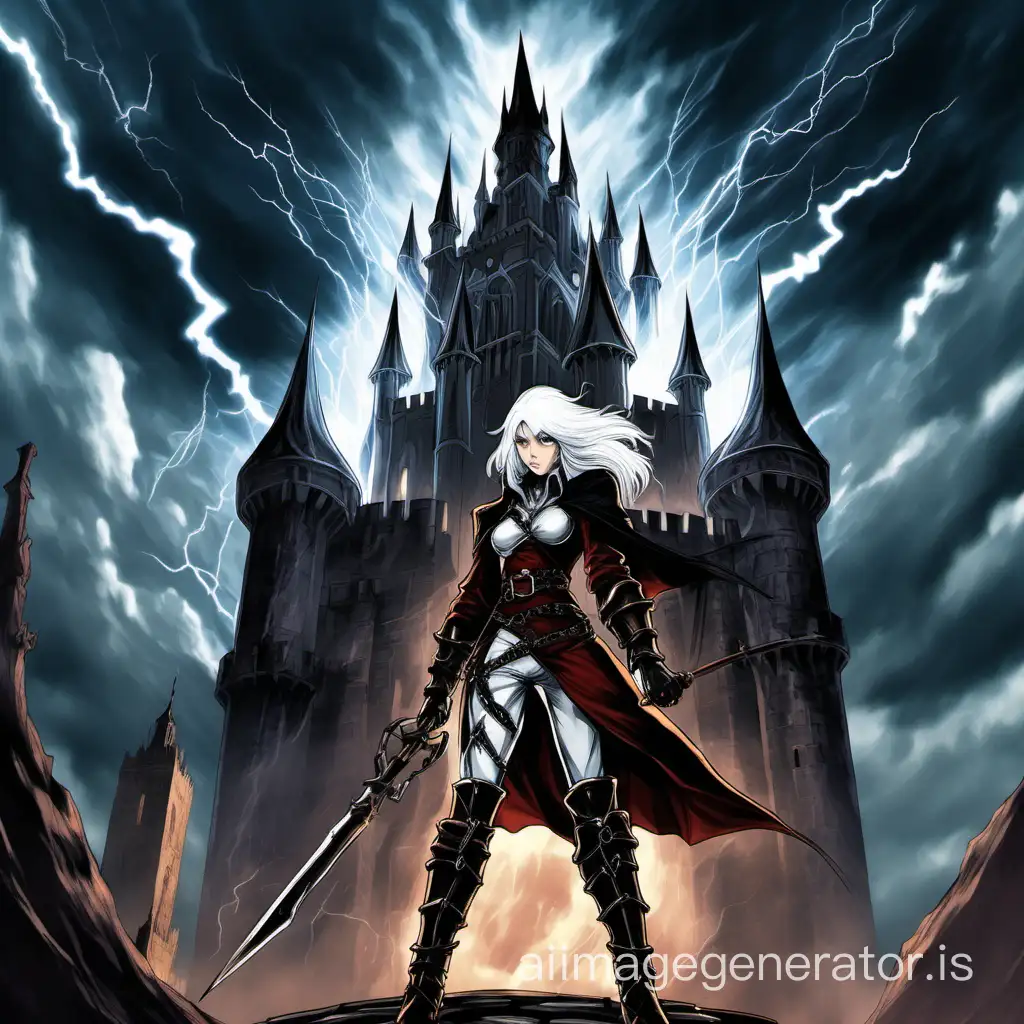 Castlevania inspired castle with a white haired woman holding a whip with dark brown leather armor lightning filled sky 