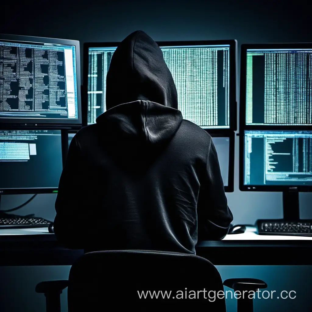 Программист, 25 лет, в черной кофте с одетым капюшоном, сидит спиной, лицо скрыто, сидит за компьютером с запущенным кодом, лицо его не видно, темная обстановка.