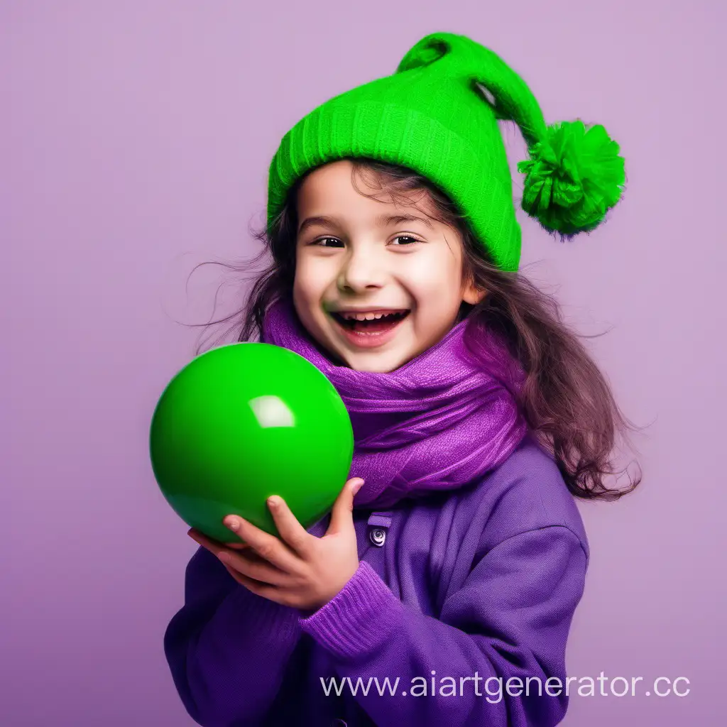 a happy girl with green ball in her hands and she has got purple hat and scarf