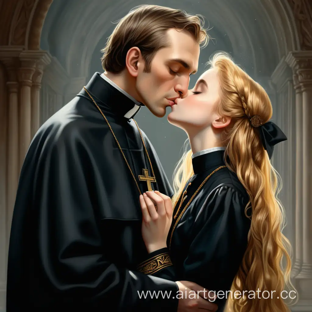 Красивая молодая викторианская девушка с золотыми волосами и католический священник в черной сутане вместе, целуются