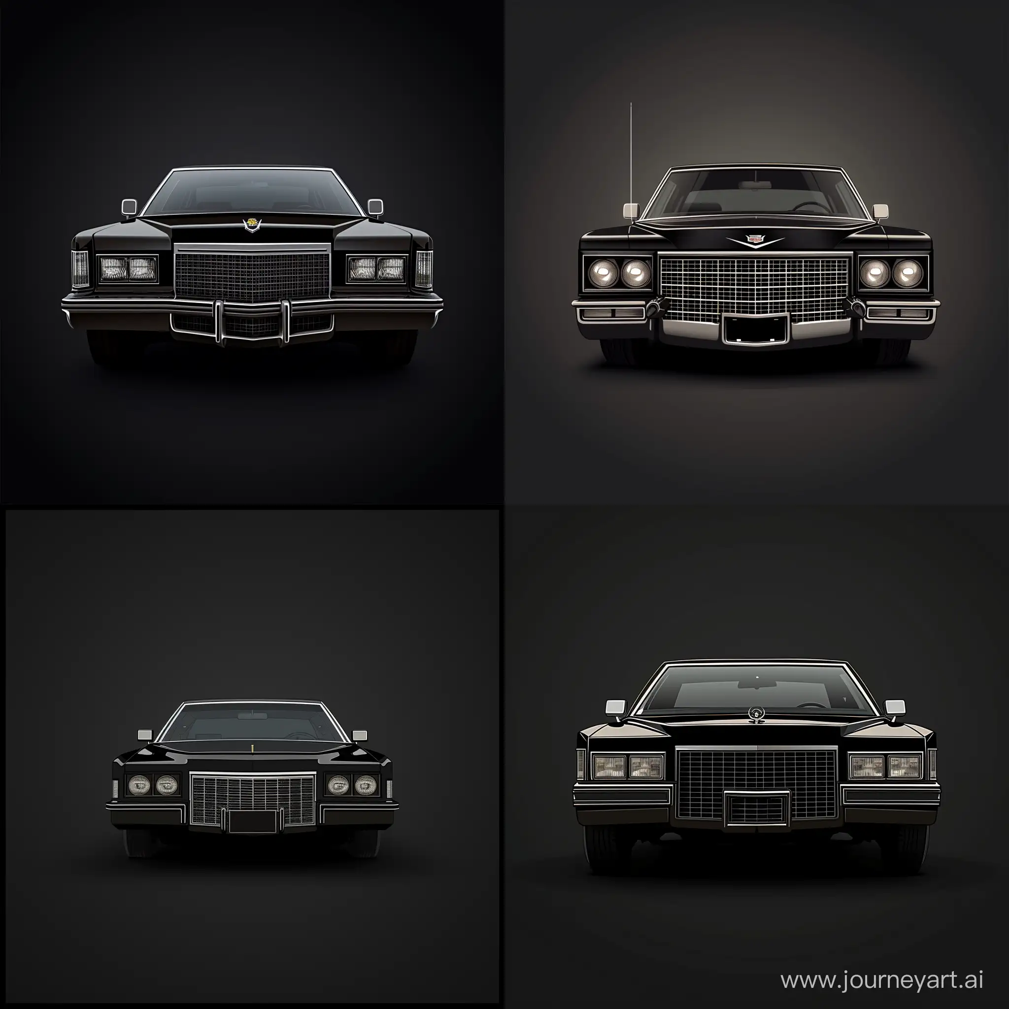 Minimalism 2D Illustration Car of Front View, Cadillac Fleetwood: Black Body Color, Simple Dark Background, Adobe Illustrator Software, High Precision