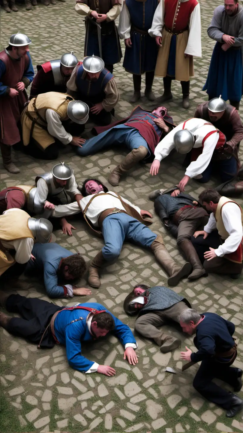 men collapsed on the ground surrounded by medieval villagers