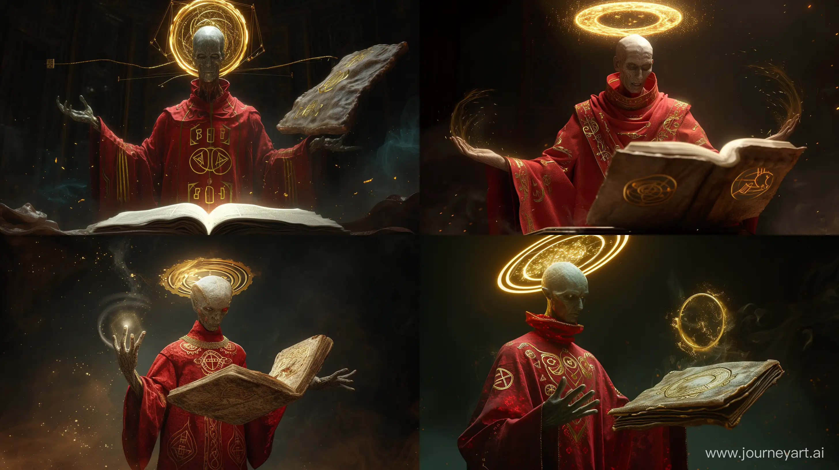 a futuristic-sorcerer, with elongated head and golden circlet hovering above, wearing a red robe with arcane symbols of gold etched.
the sorcerer is conjuring up a spell from a floating, old skin-bound open book, dramatic lighting, highly detailed --ar 16:9