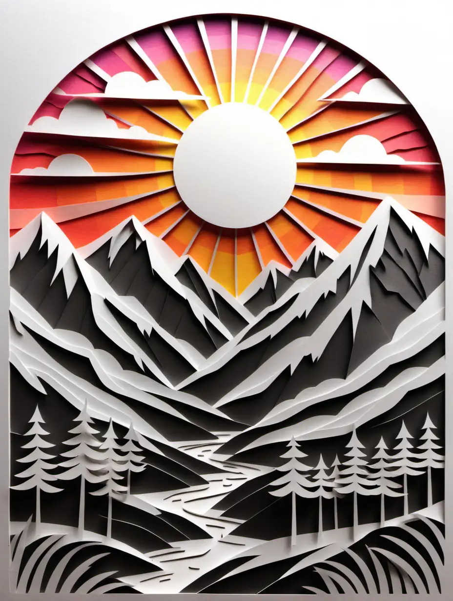 Sunset over Mountains Paper Cut Art Serene Landscape Coloring Page