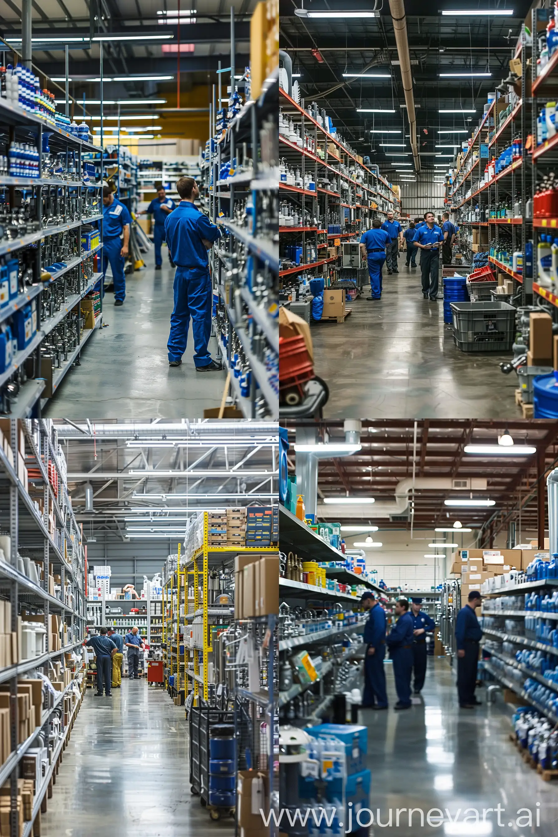 A large plumbing store, employees in uniform, shelves, realism, photography --ar 4:6 --v 6