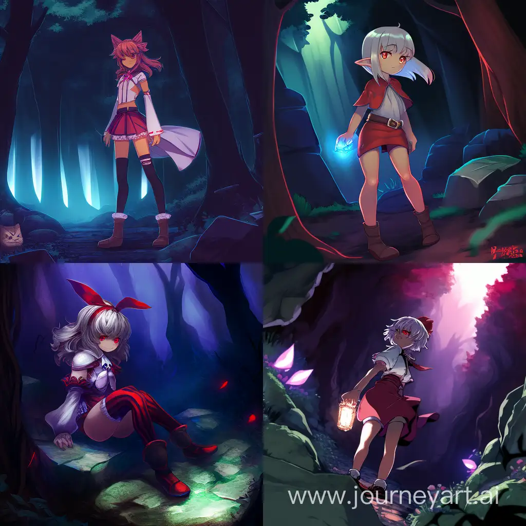 a hot girl with stone legs and light ear in dark red forest