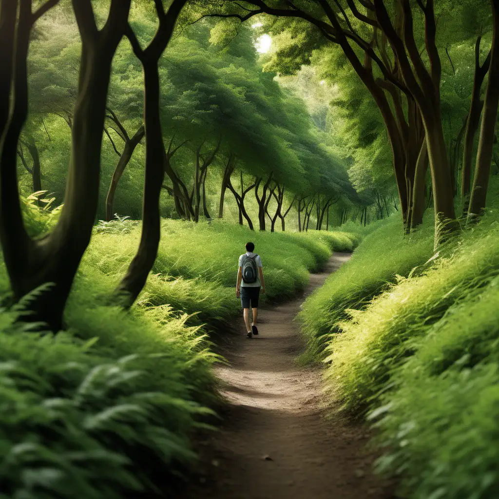 A panoramic view of a natural trail with a person enjoying a walk amidst lush trees. Dominated by green and earthy tones, the scene conveys serenity and sustainability in a natural environment, shot with Sony Alpha a9 II and Sony FE 200-600mm f/5.6-6.3 G OSS lens, natural light, hyper realistic photograph, ultra detailed