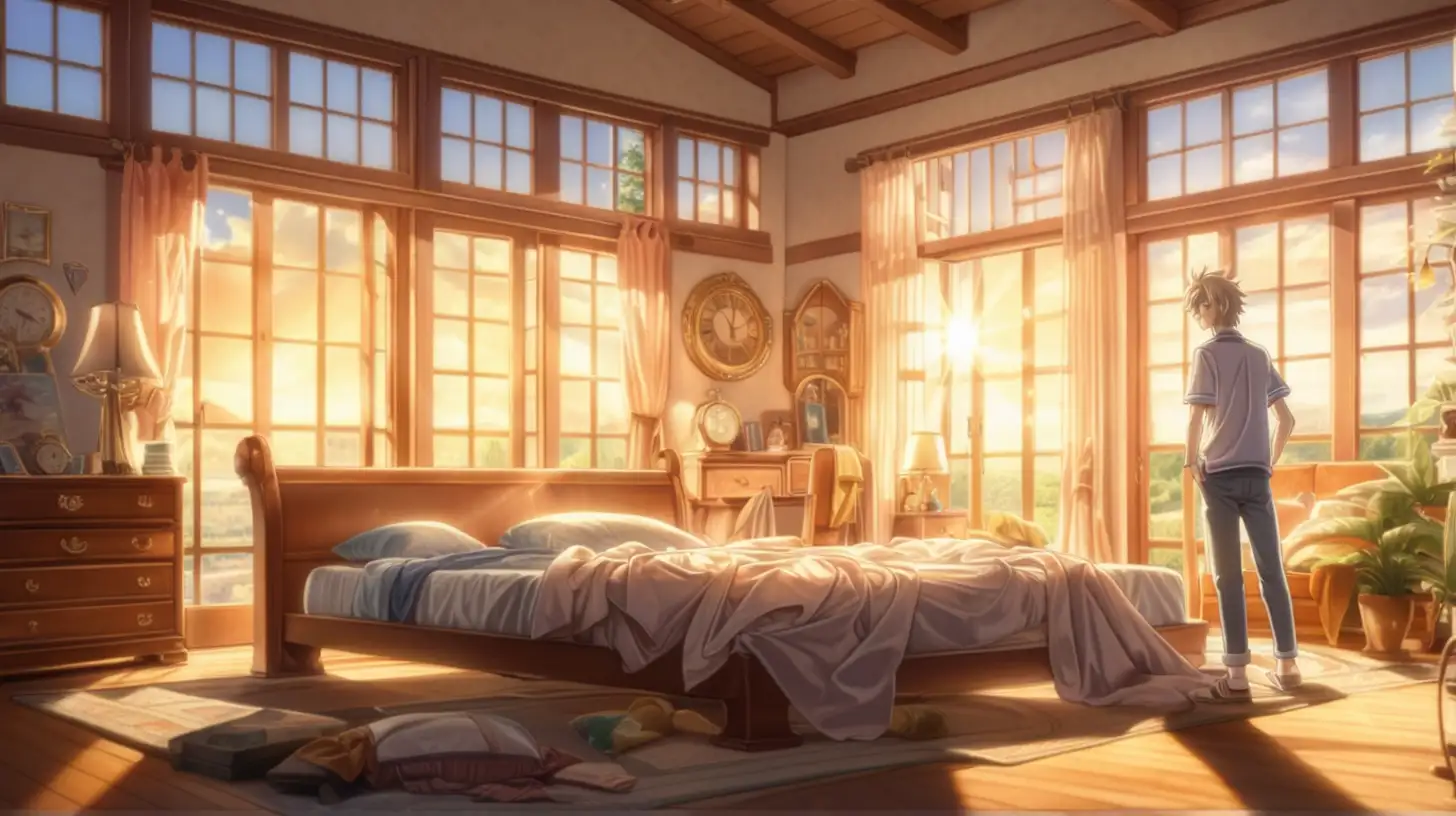 in anime style, a successful man wakes up early in his  big beautiful house on a beautiful sun shiny morning