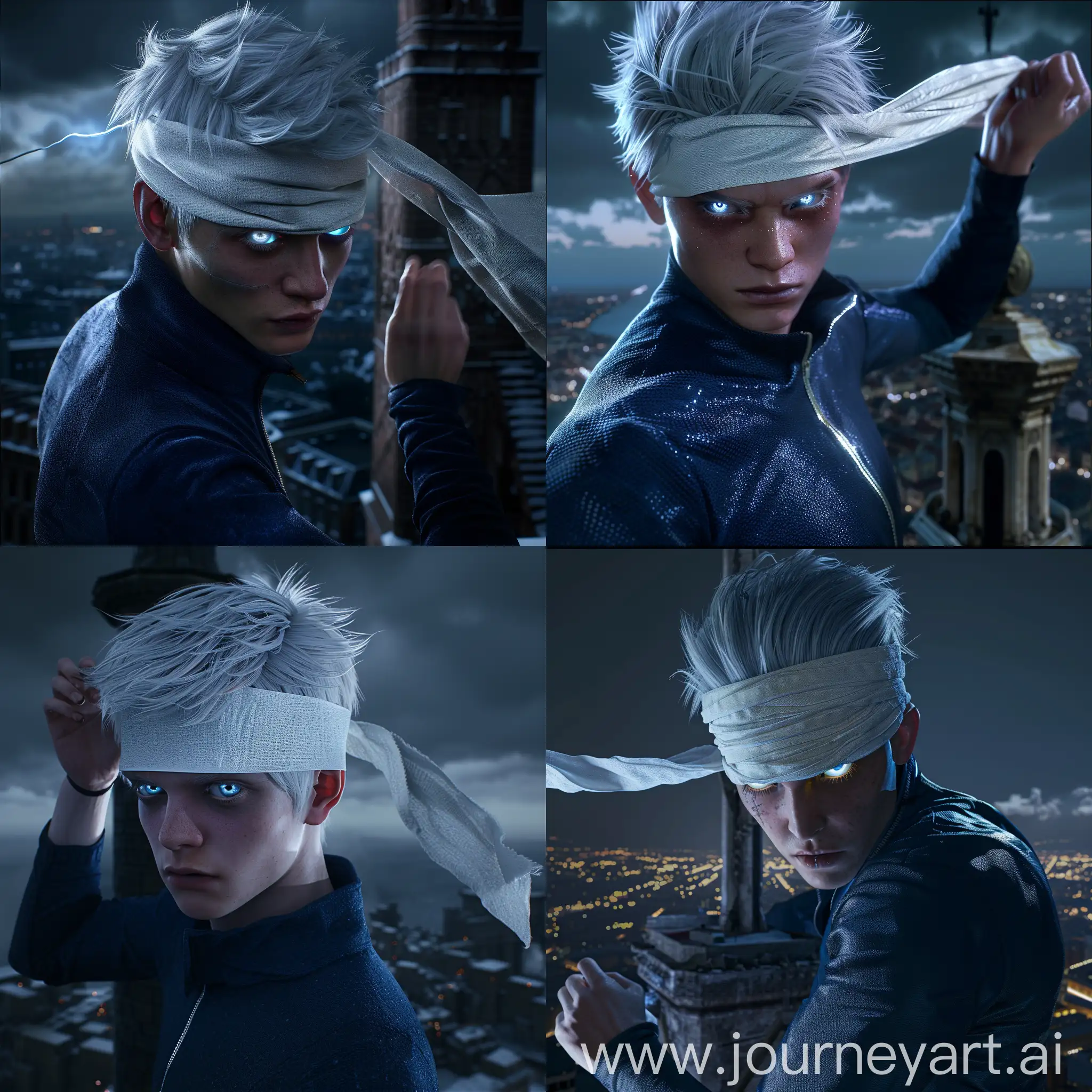generate a ultra realistic and highly detailed (Gojo satoru) from ( jjk) in a mid range shot in an epic cinematic scene,handsome face, blue eyes that are very beautiful,his hair are white (silver) and pointy that are dressed up,he is wearing a white cloth stripe as a blindfold and is pulling it with his hand revealing one of his eyes in a dramatic mood,his eyes is glowing,he is wearing a dark blue zip-up jacket whose collar is very wide,he is standing on top of a tower in an epic scene in a dark night in a dramatic mood,in a side pose looking at viewer ,and the camera is focusing his whole body,his body is tall and well built HDR UHD, 60 FPS, 8K, HIGH CRISPY detail, natural lighting, high key lighting 