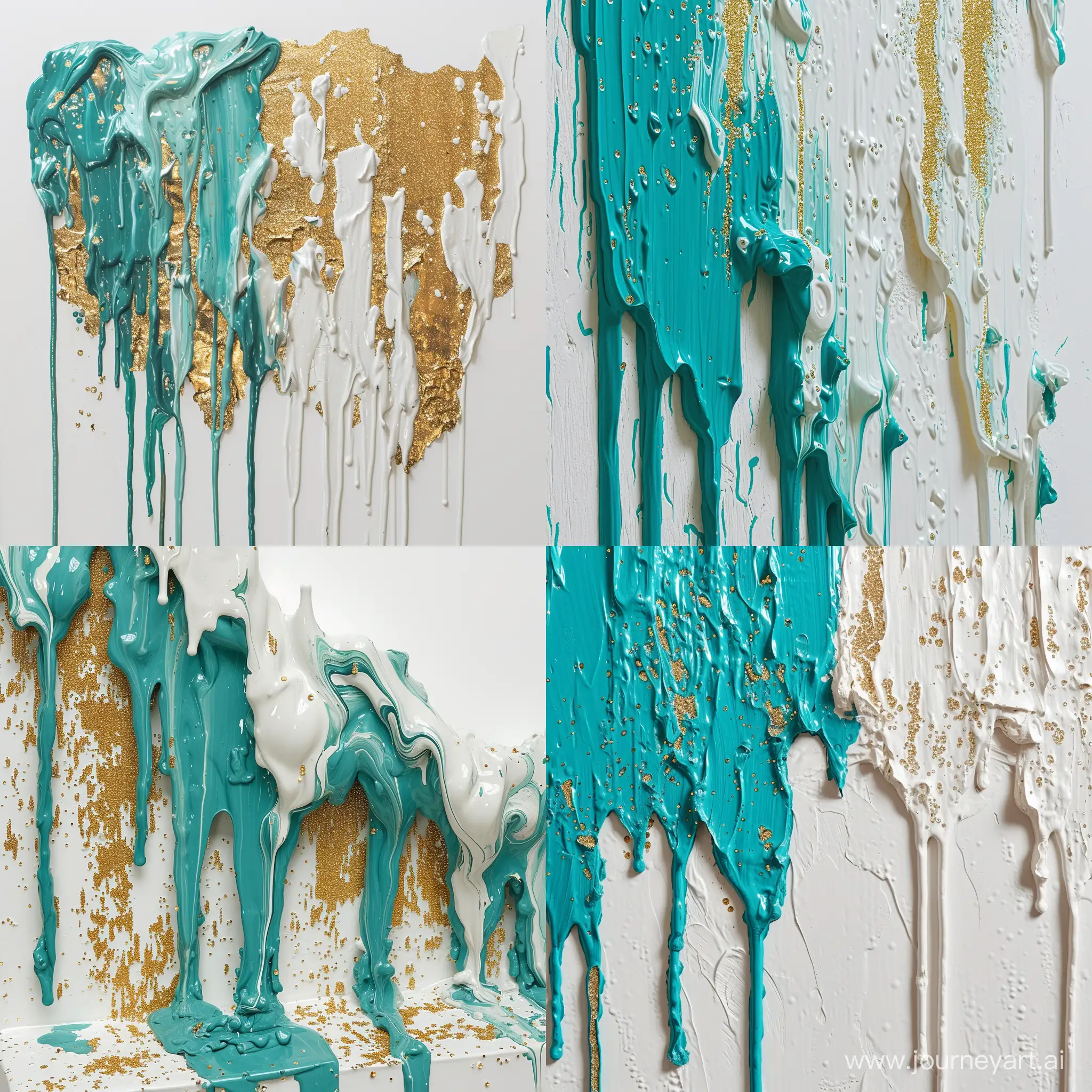 a prototype of a website for an artist is made of oil paint Dripping Paint by Peter Saville, abstract, large strokes, turquoise and white, gold sequins , stucco, 3d volume, unlimited flow of energy, abstract, in white background