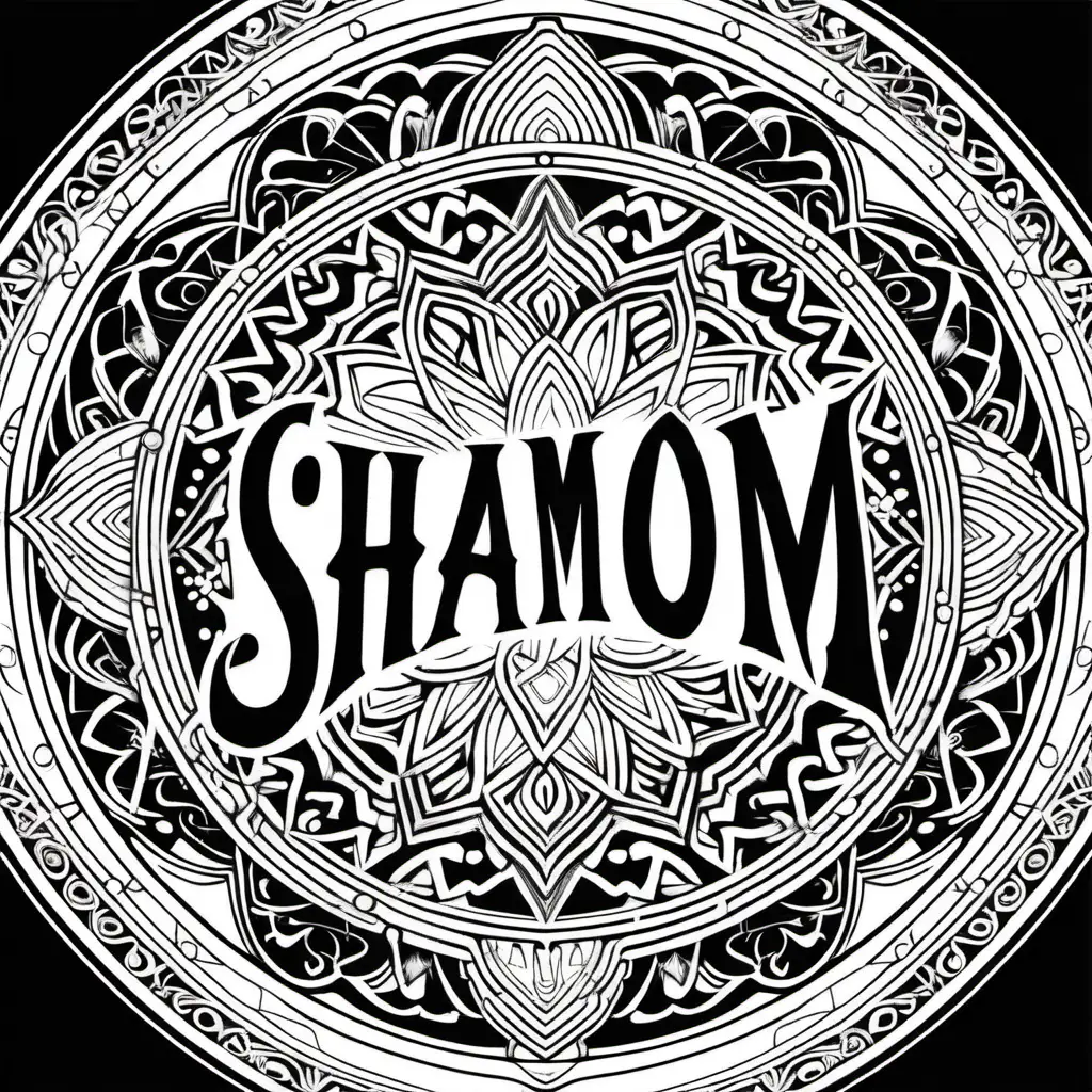 Mystical, esoteric mandala with the word “Shamom” in center, black and white line art for coloring page