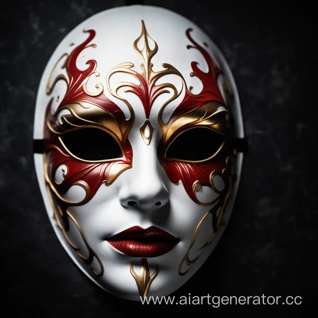A white mask with red and gold veins on a black gloomy background.