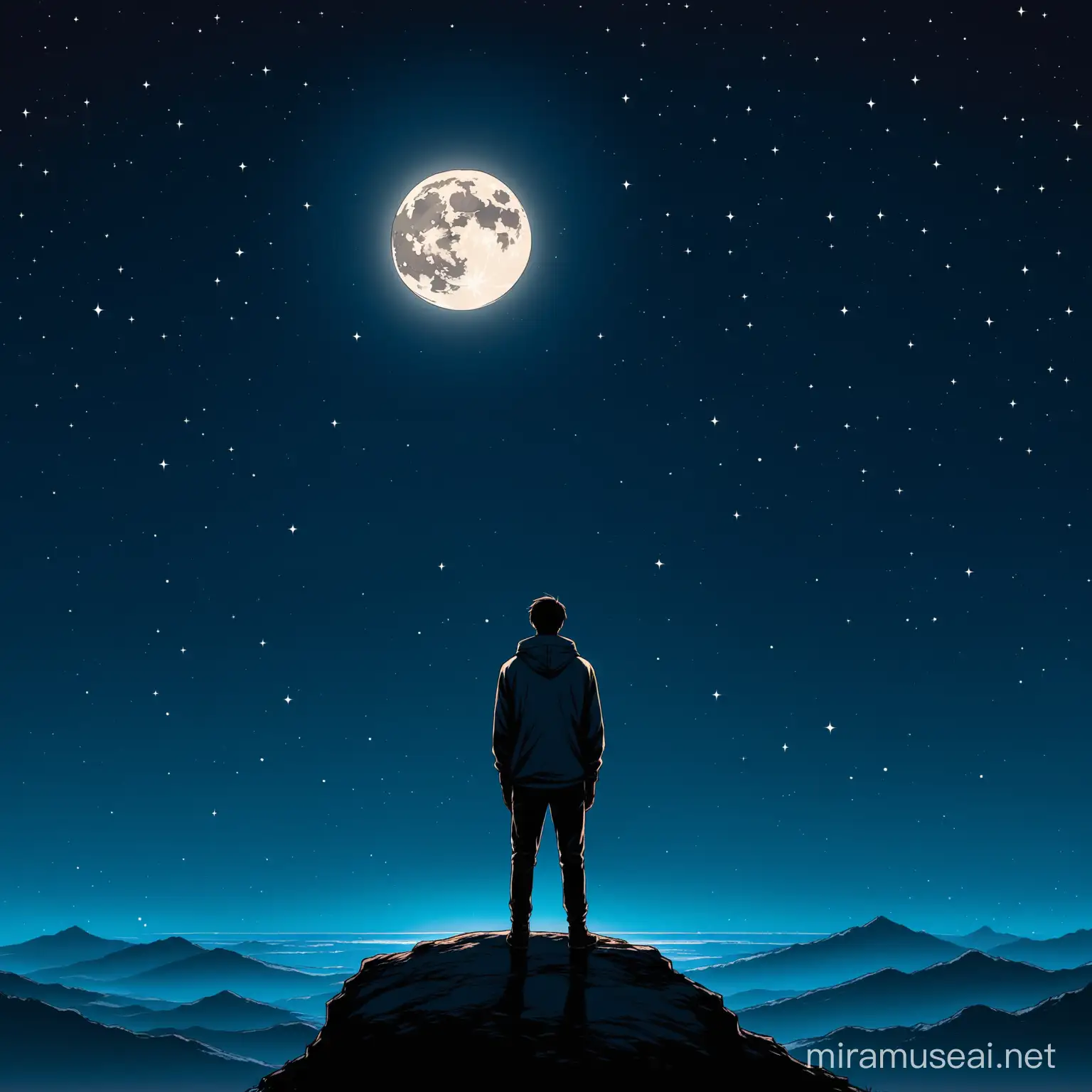 a guy facing the moon at night

