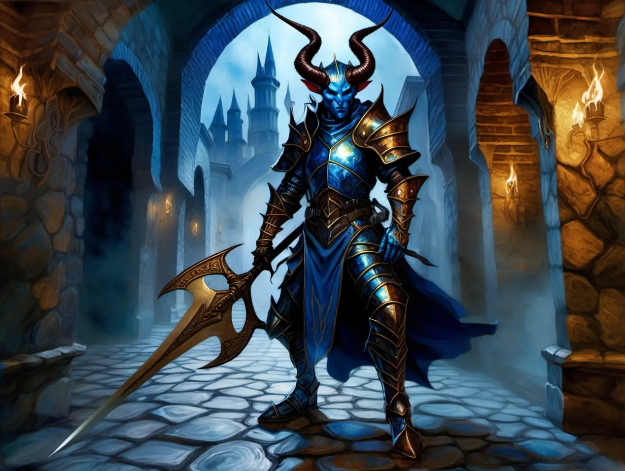 tiefling demonic warrior, blue iridescent skin, bronze armor, halberd, horned helmet, cobblestone floor, large tower interior, Medieval fantasy painting, MtG art