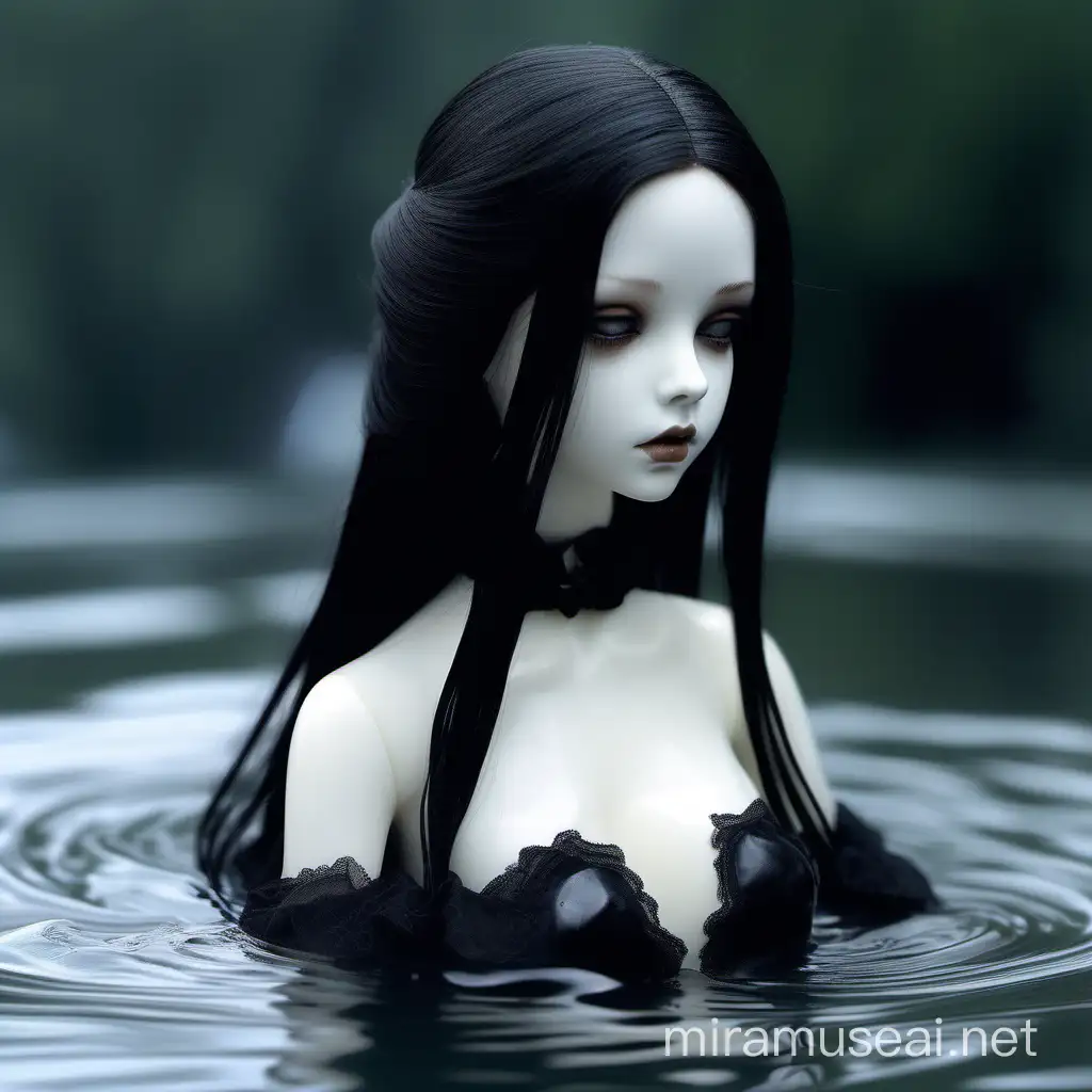 hyper detailed, hyperrealism, Creepy jointed BJD doll, white pale skin, head down, very long black hair with black little bows, very long back hair, long hair on the back, hyper detailed, hyperrealism, strands behind the ear, long side-swept bangs in a cascade, lies in the water, black lace dress, sits in white water, black latex turtleneck with neckline, sharp straps, black leather thong, view from the back, baby hair on face, view from the side, pale tones, white background with black antique bathroom, dark water, black water