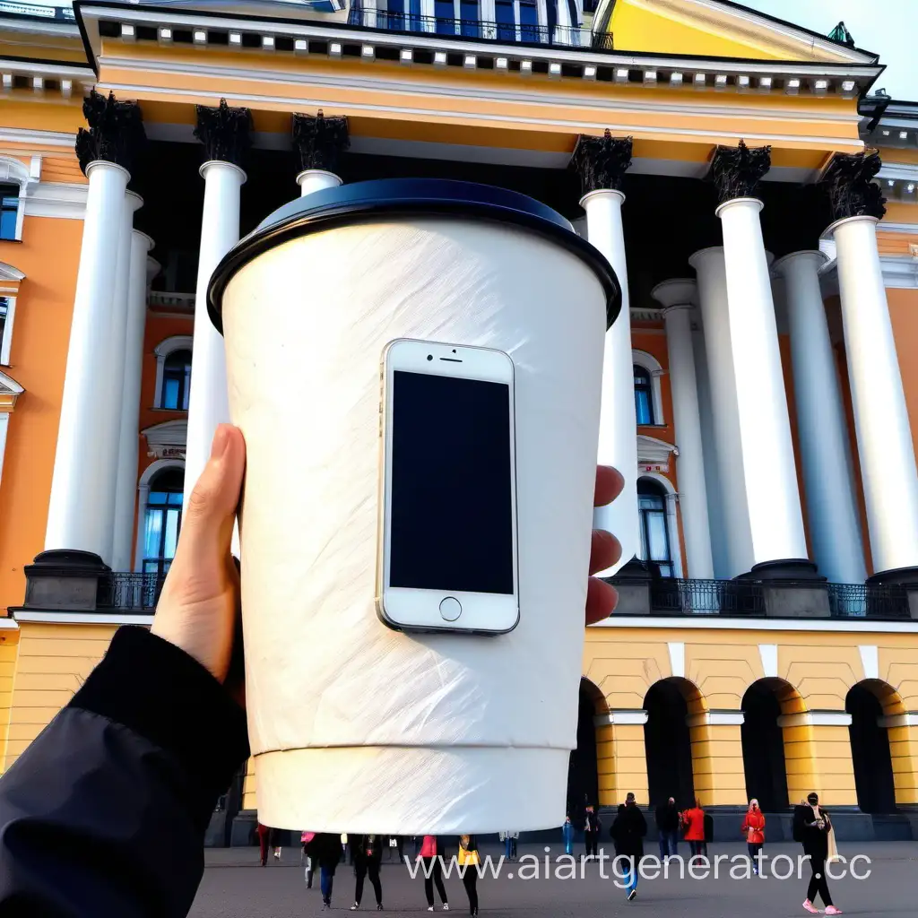 saint petersburg full of fashionable people in shock taking pictures on their iphones of a gigantic white coffee paper cup with black lid which is as tall as the building.