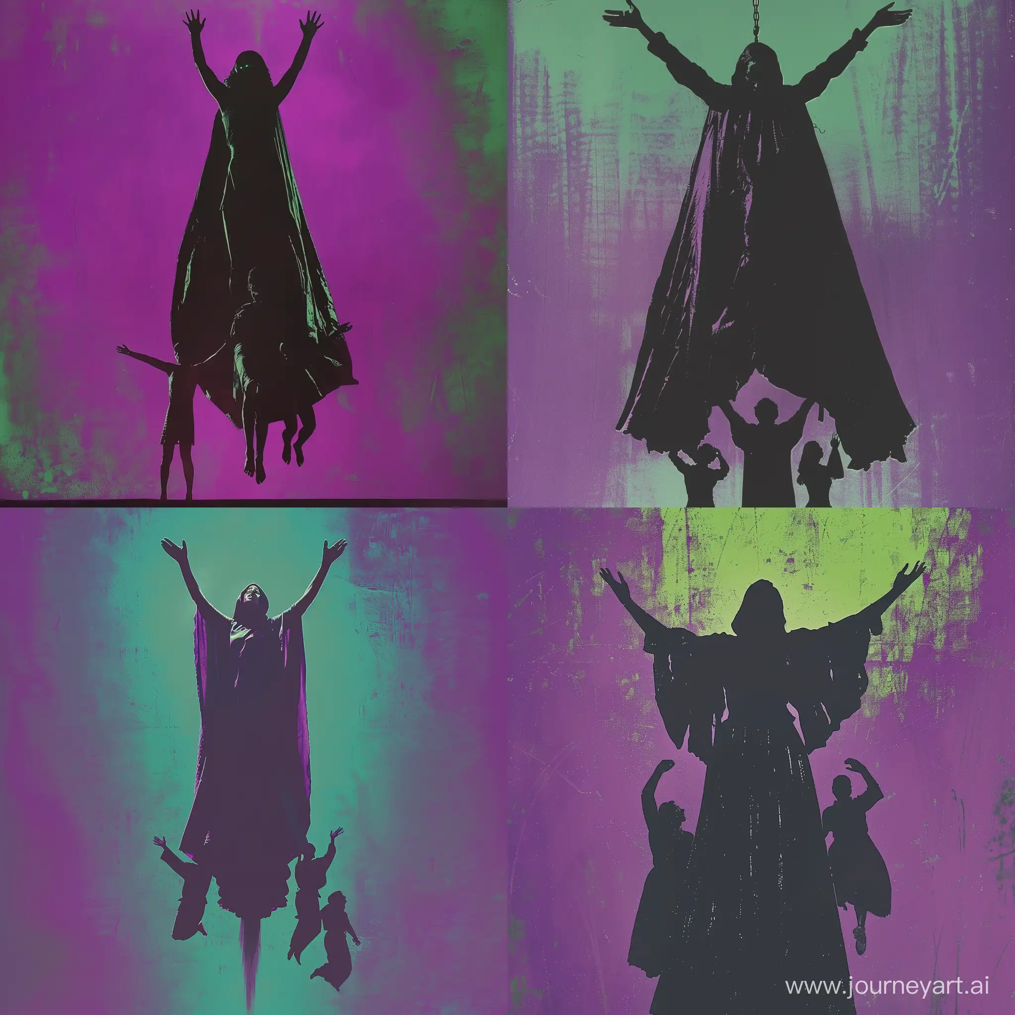 A succubus in a cloak on body levitates in the air, not standing on the ground in the usual sense, the background behind is purple-green, she raises her arms, and a man (under her left arm) and a woman (under her right arm) levitate under her hands,the succubus himself represents the mortal sin of lust, the proportions of a succubus are larger than a man and a woman