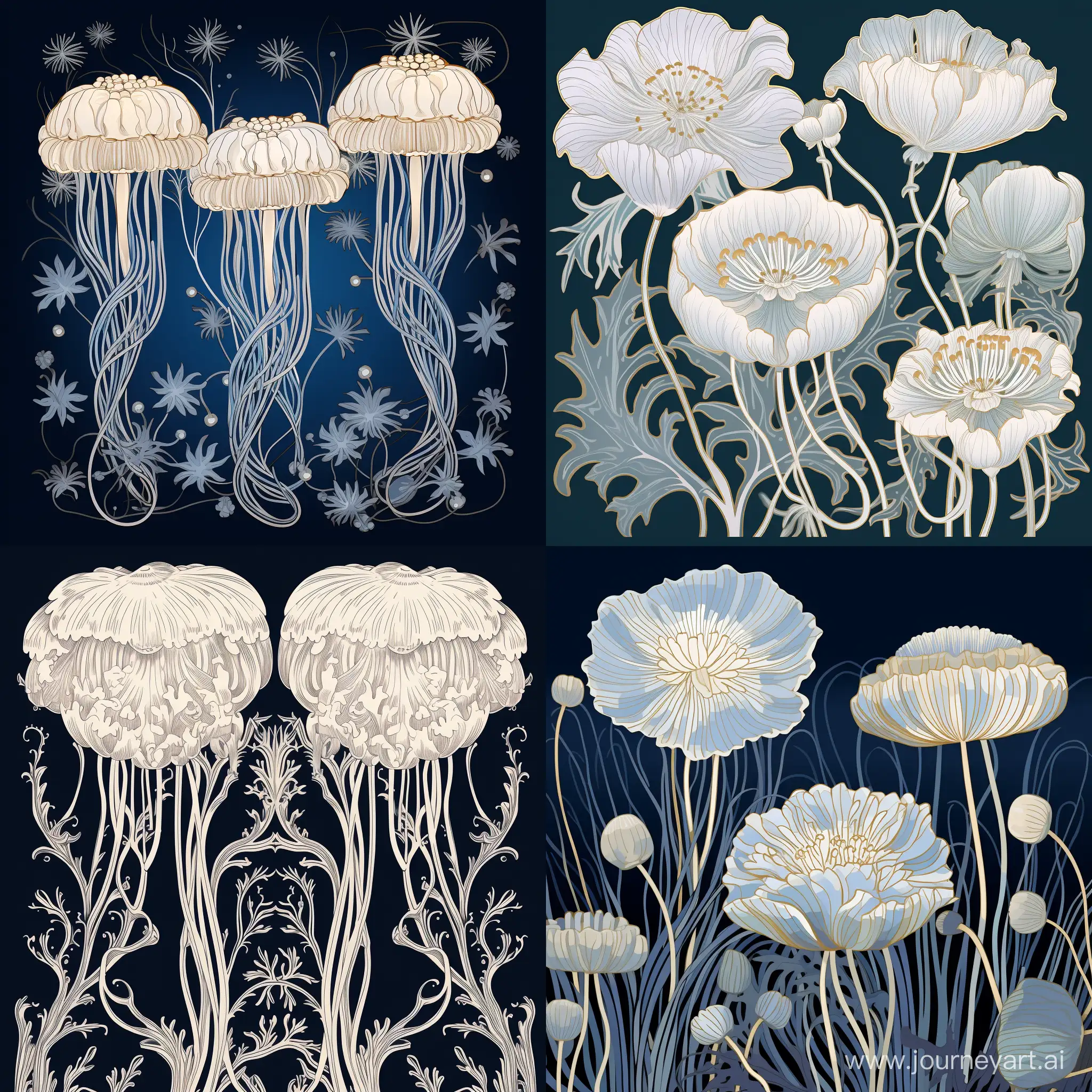 William Morris Inspired Painting jellyfish vintage monochromatic color scheme, in flat style