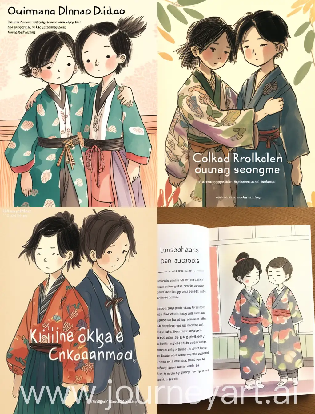 Two 15-year-old Japanese boyfriends dressed in old kimonos, Japanese style, with their arms affectionately around each other. Dark hair, Japan has a rich tradition of storytelling and whimsy. Create a collaborative story that incorporates elements of these artistic styles: the turbulent past and tenacious spirit of the Japanese people, children's preschool drawings, pencil scribbles, the pure, free touch of hand-drawing, and the hazy, rustic backdrops of rural Japan.