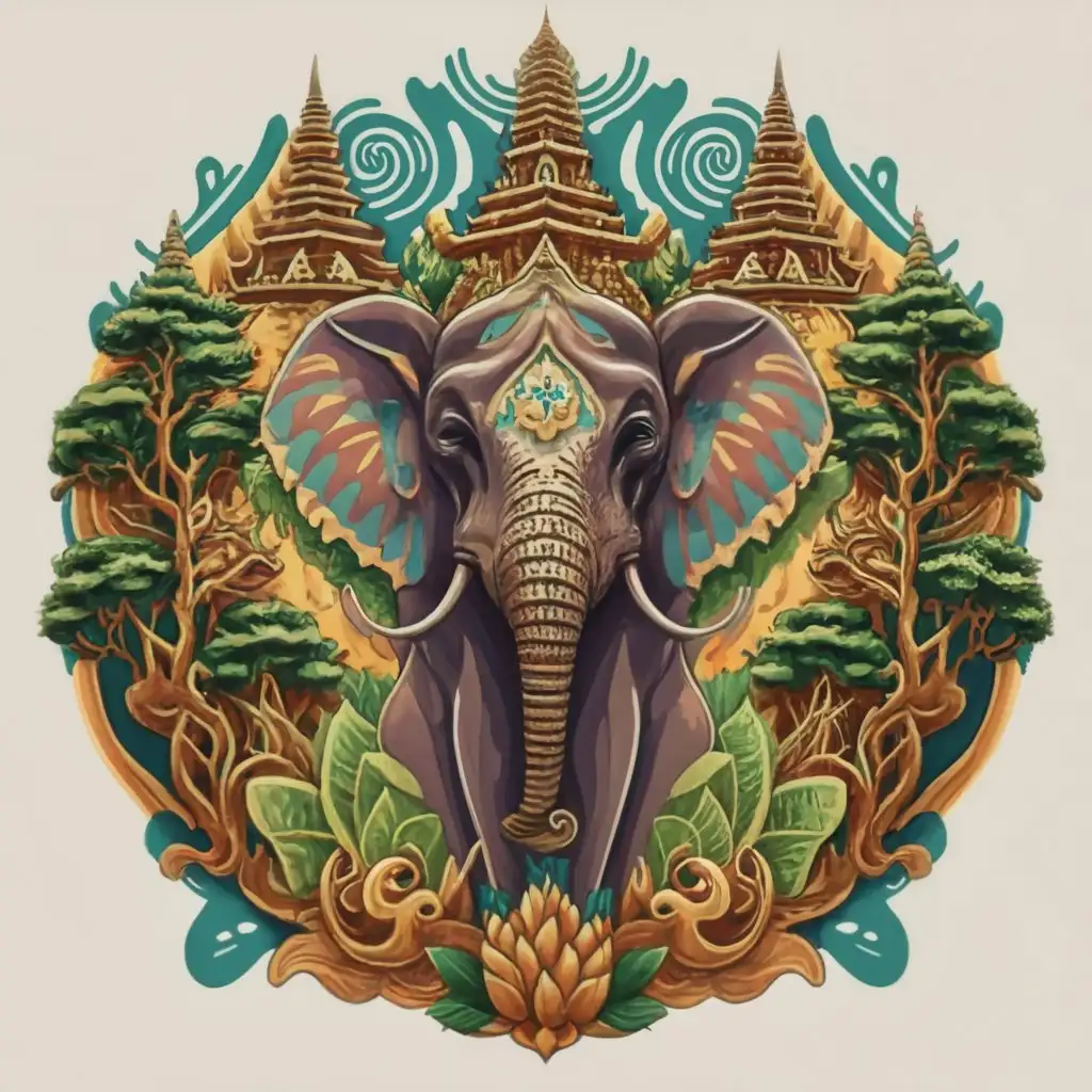 LOGO Design For Chiang Mai Thailand Happy Elephant Symbolizing Joy and Adventure amidst Green Mountain Forest and thailand Temple