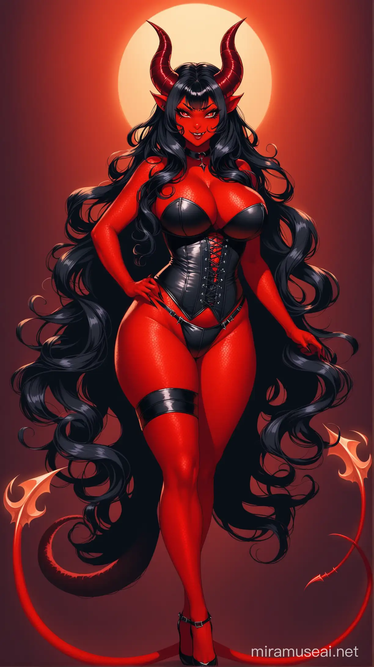 Alluring RedSkinned Deviless in Leather Corset with Horns and Tail