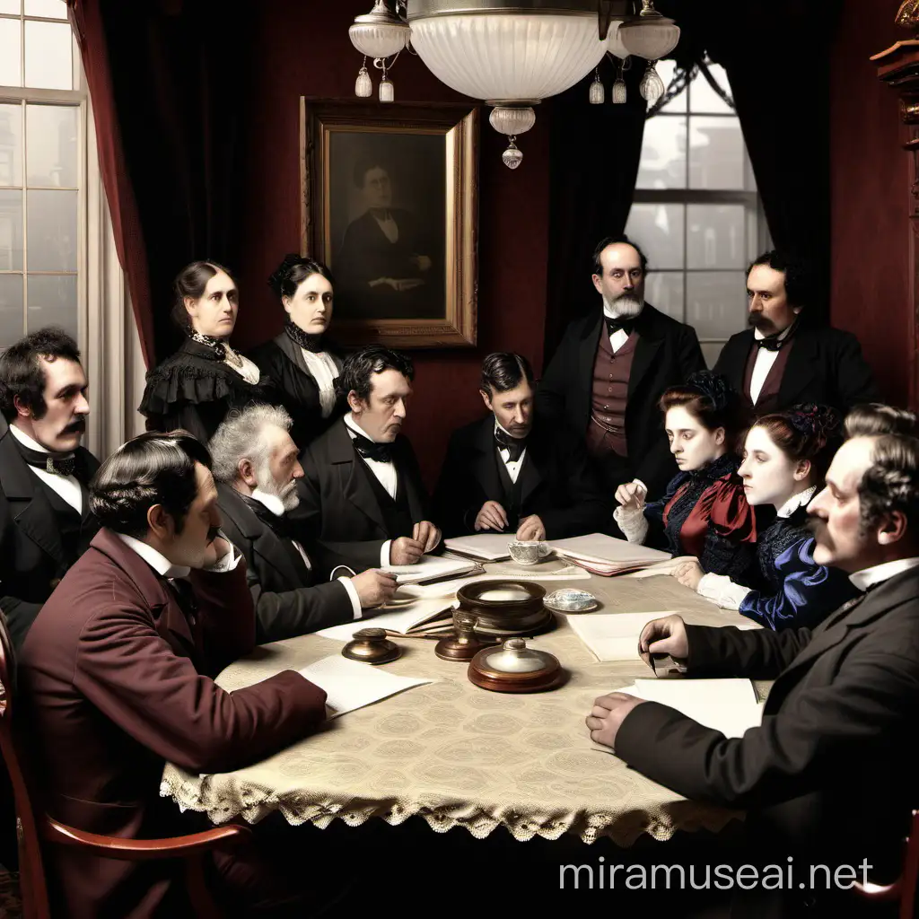 victorian age working group which everyone sit around a table
