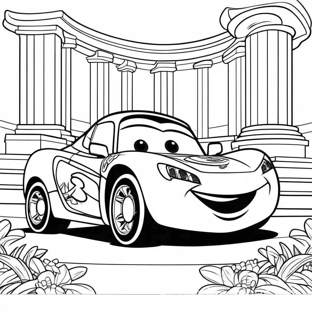 disney car coloring page for kids, Coloring Page, black and white, line art, white background, Simplicity, Ample White Space. The background of the coloring page is plain white to make it easy for young children to color within the lines. The outlines of all the subjects are easy to distinguish, making it simple for kids to color without too much difficulty