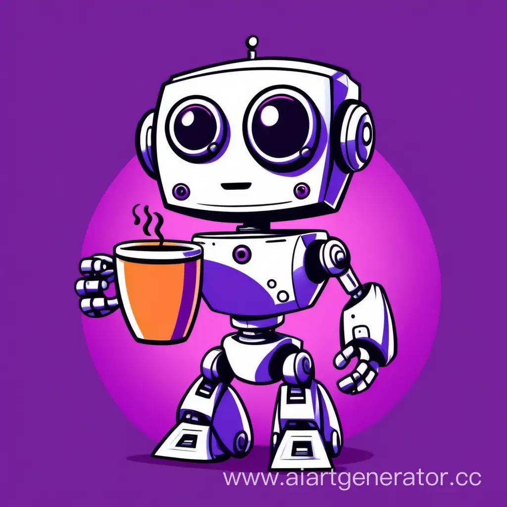 маленький робот в мультяшном стиле держит чашку кофе в руках на фиолетовом фоне