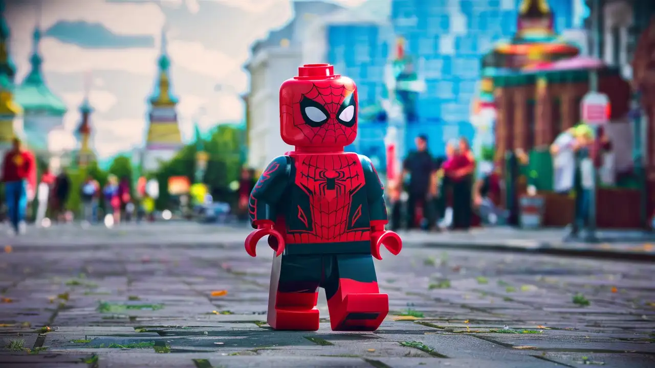 LegoStyle SpiderMan Miles Morales Strolling Through Cityscape of Minsk Belarus