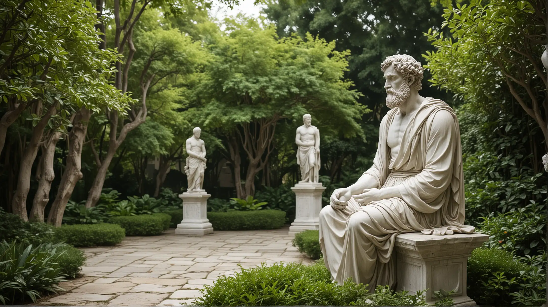 Visualize a Stoic Philosopher in Contemplation: Illustrate a stoic philosopher sitting in a serene garden, surrounded by marble statues and lush greenery. The philosopher has a lean and muscular build, with a focused expression as they contemplate the principles of stoic ethics. generate two distinct images
