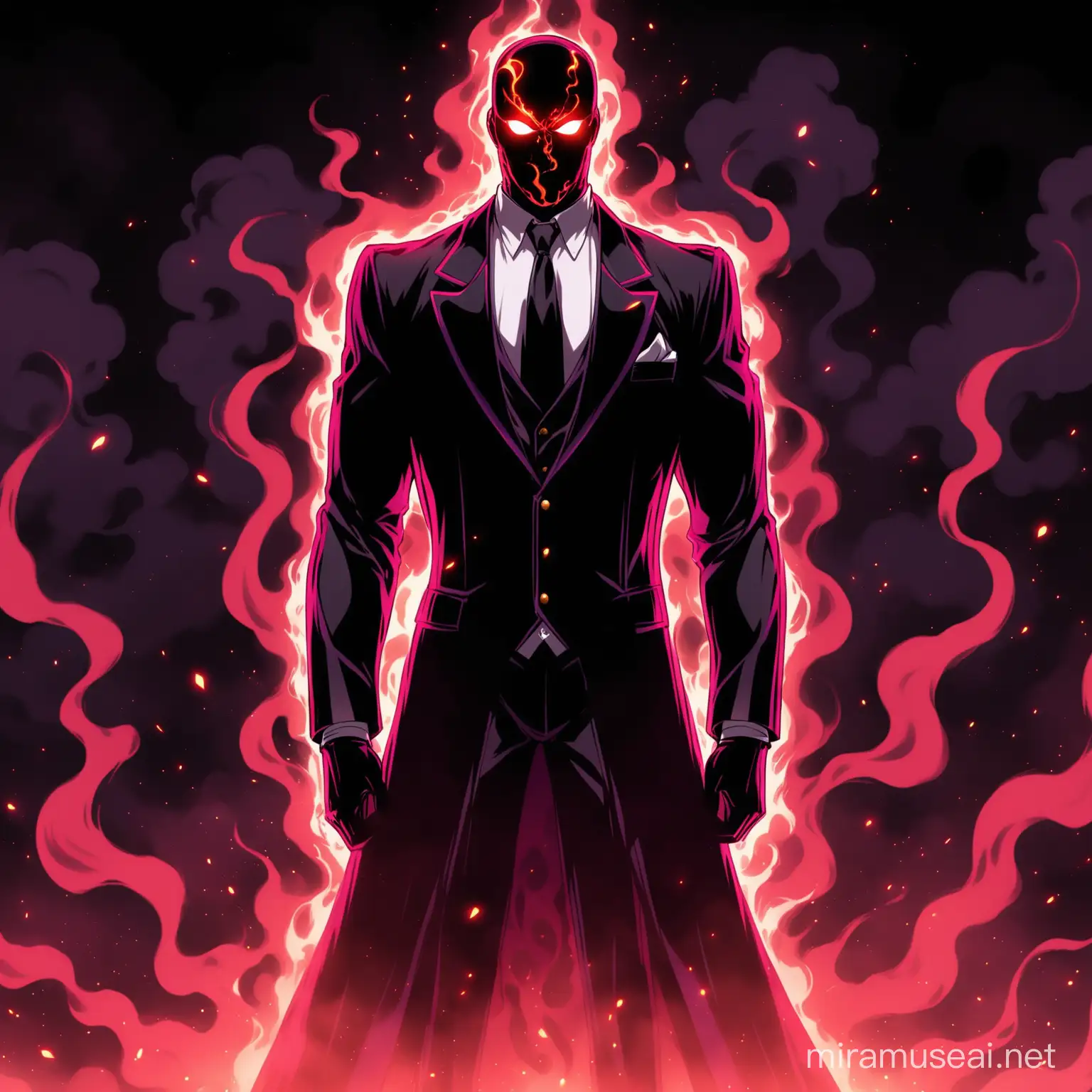 jojo's bizarre adventures style. a stand made of black smoke in the shape of a phantom wearing a suit and tie. glowing, red eyes