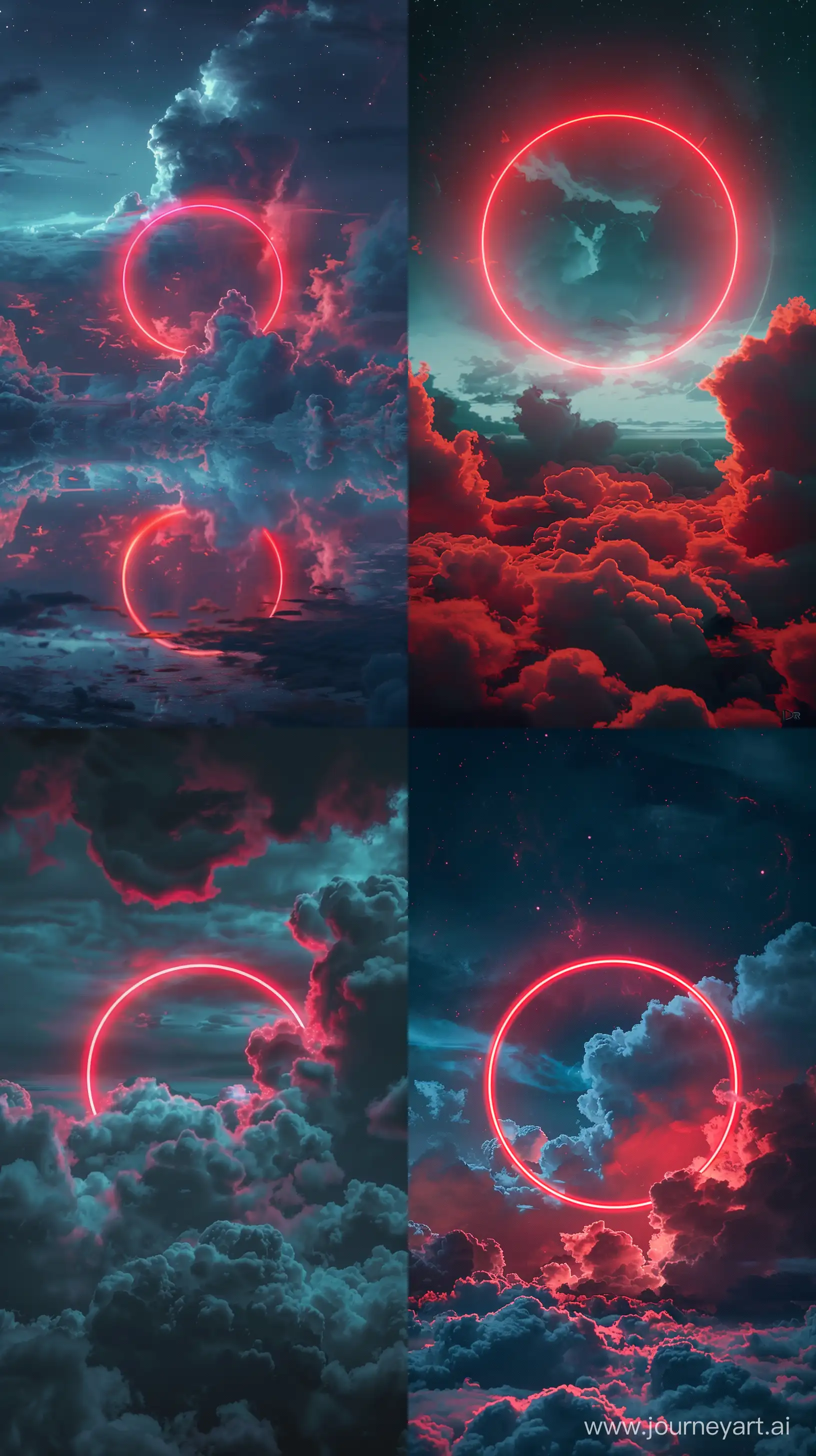 Professional Photography From Cloudy Sky, Neon Red Circle Between Clouds, Night, Realistic Light Reflections, Dar Theme, Fix Frame, High Quality --v 6.0 --ar 9:16