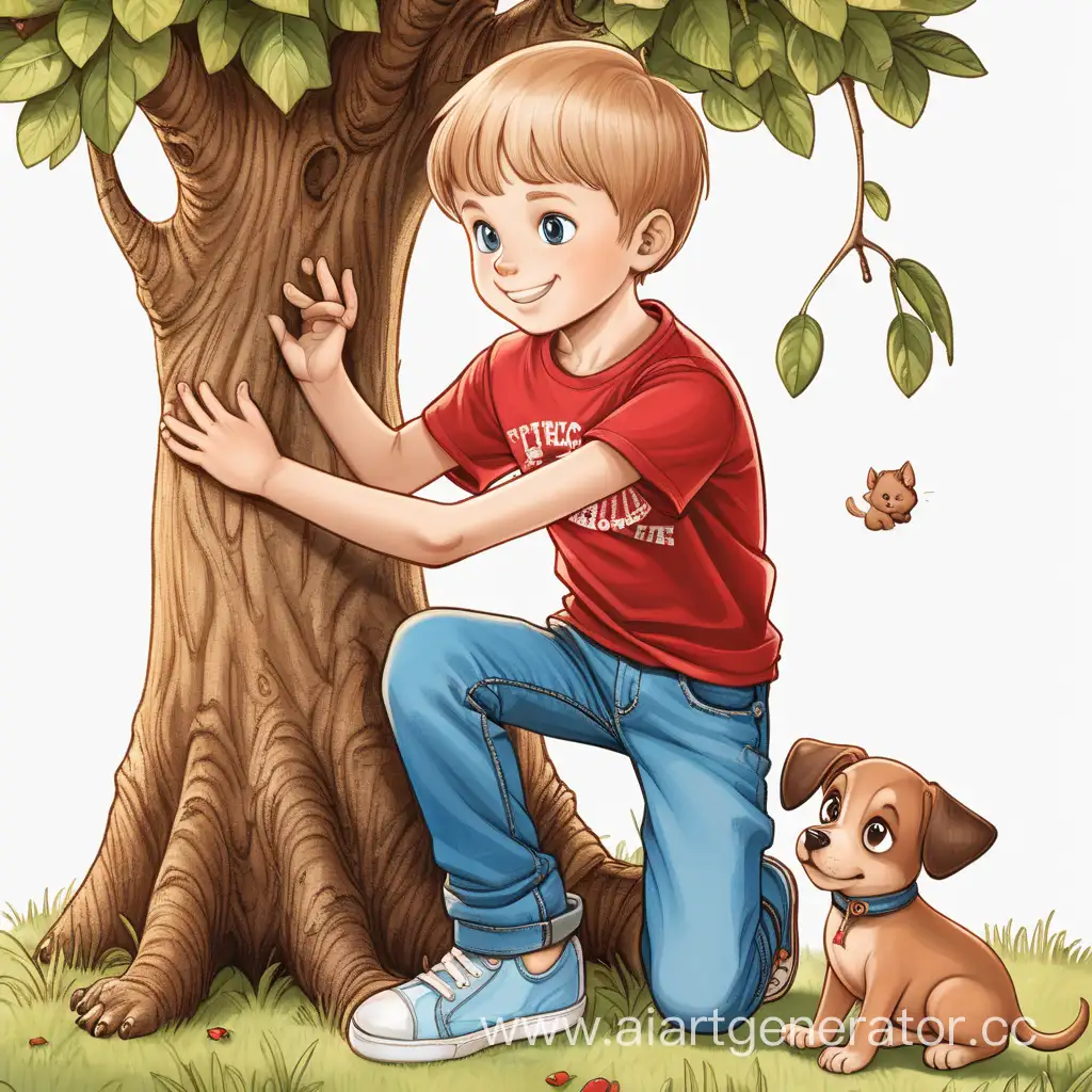 Мальчик в красной футболке и синих джинсах спасает коричневого щенка с дерева
