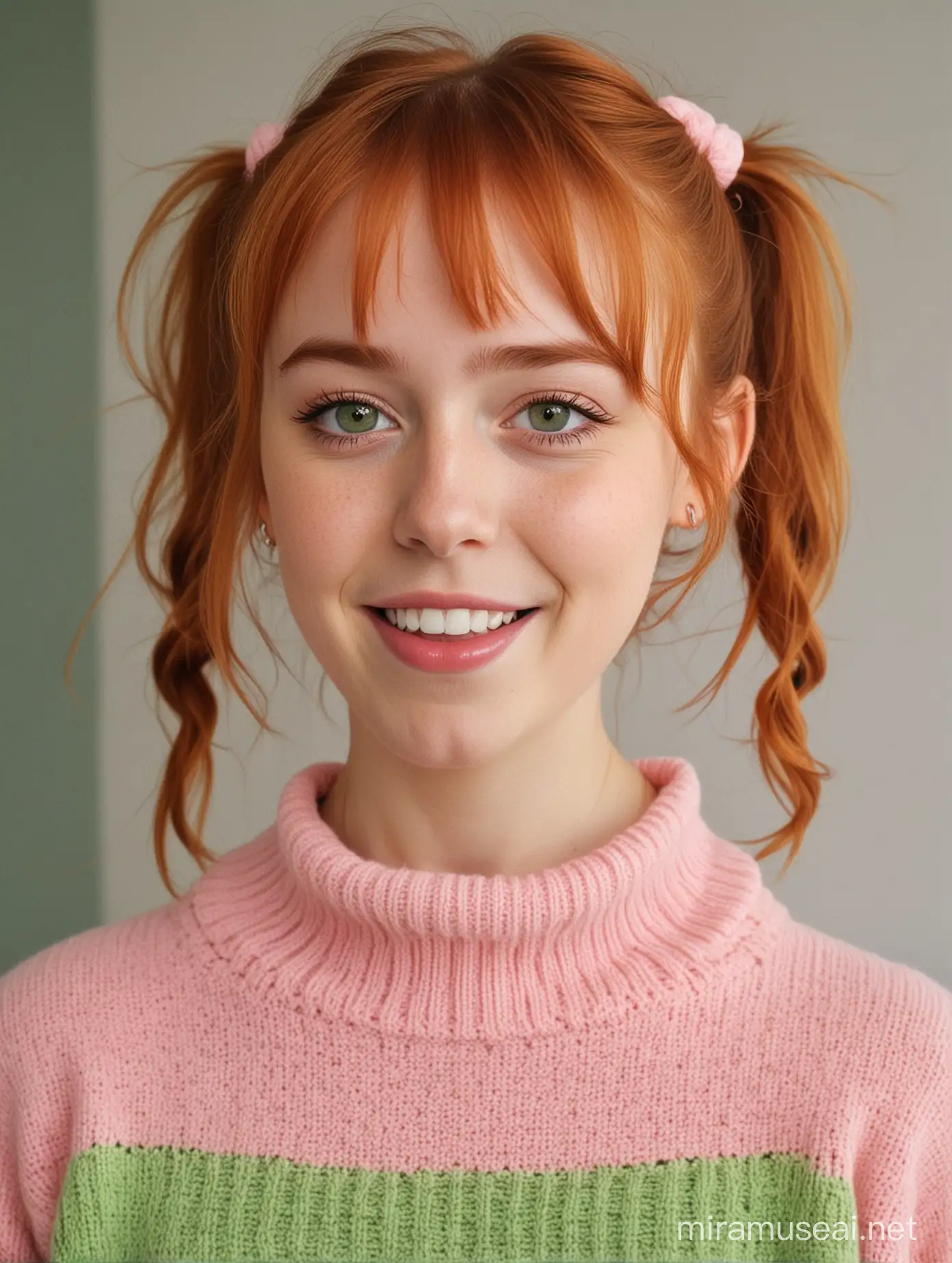 Adorable GingerHaired Child in Pink Chunky Sweater Dress Smiling