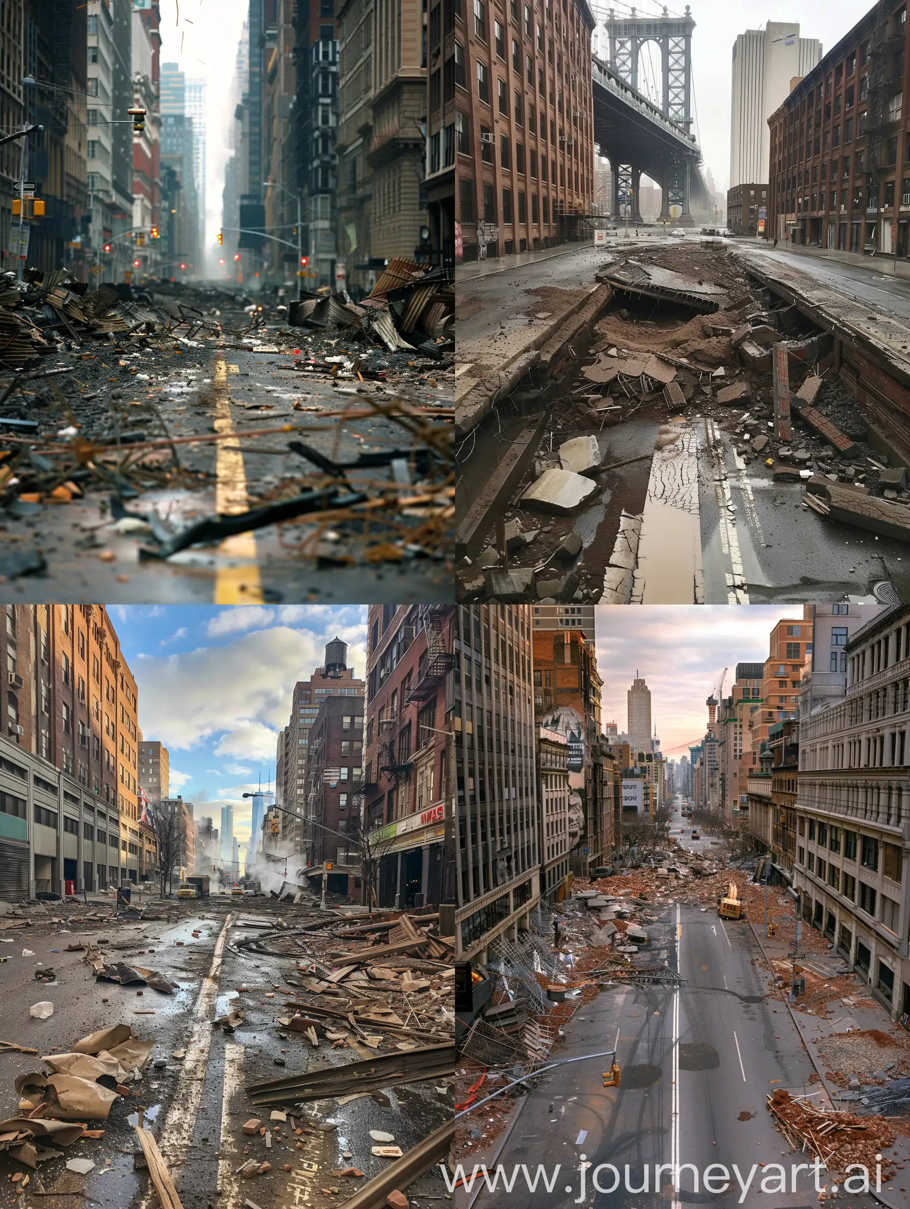 Destroyed New York City street view destroyed road destroyed building close