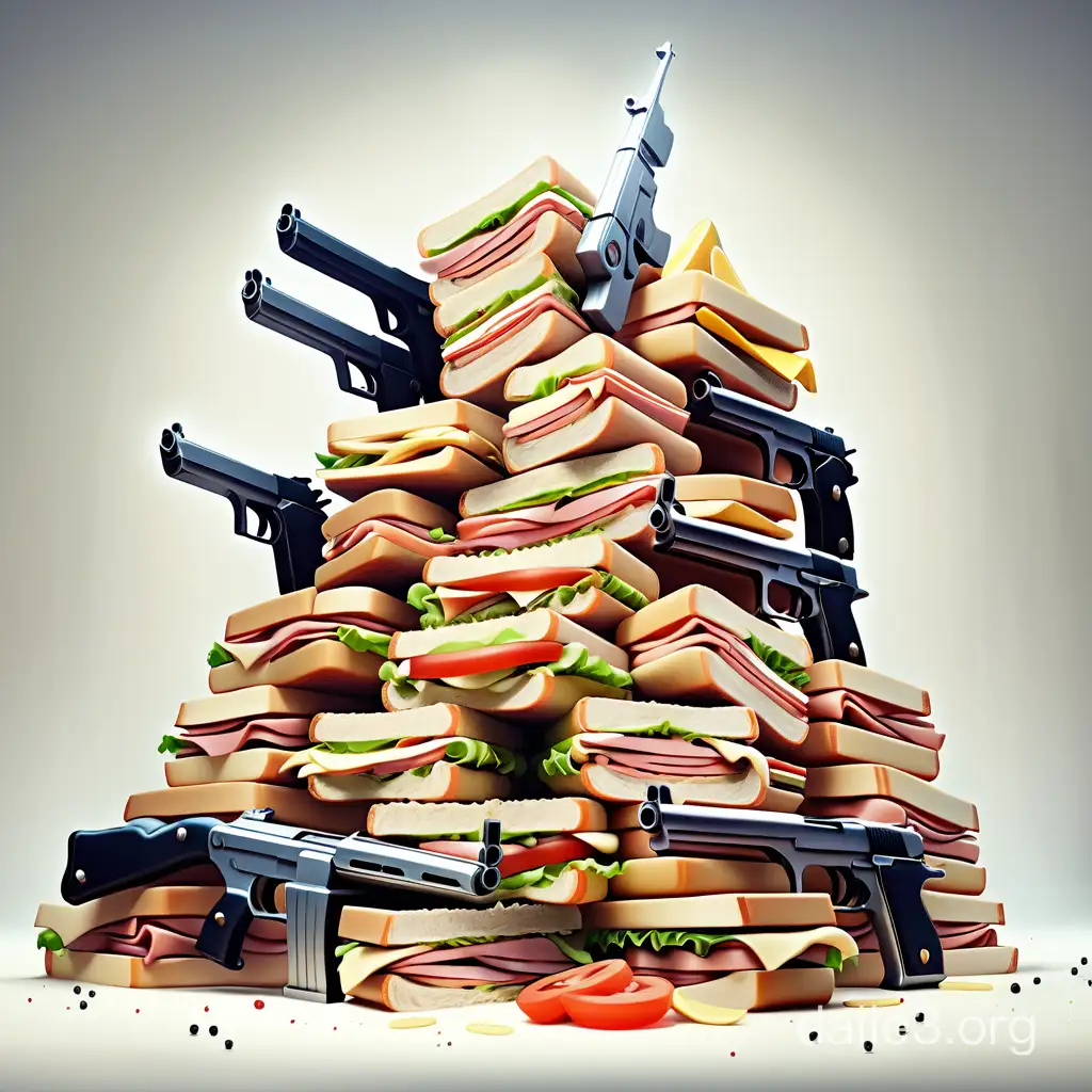 a massive pile of sandwiches and guns
