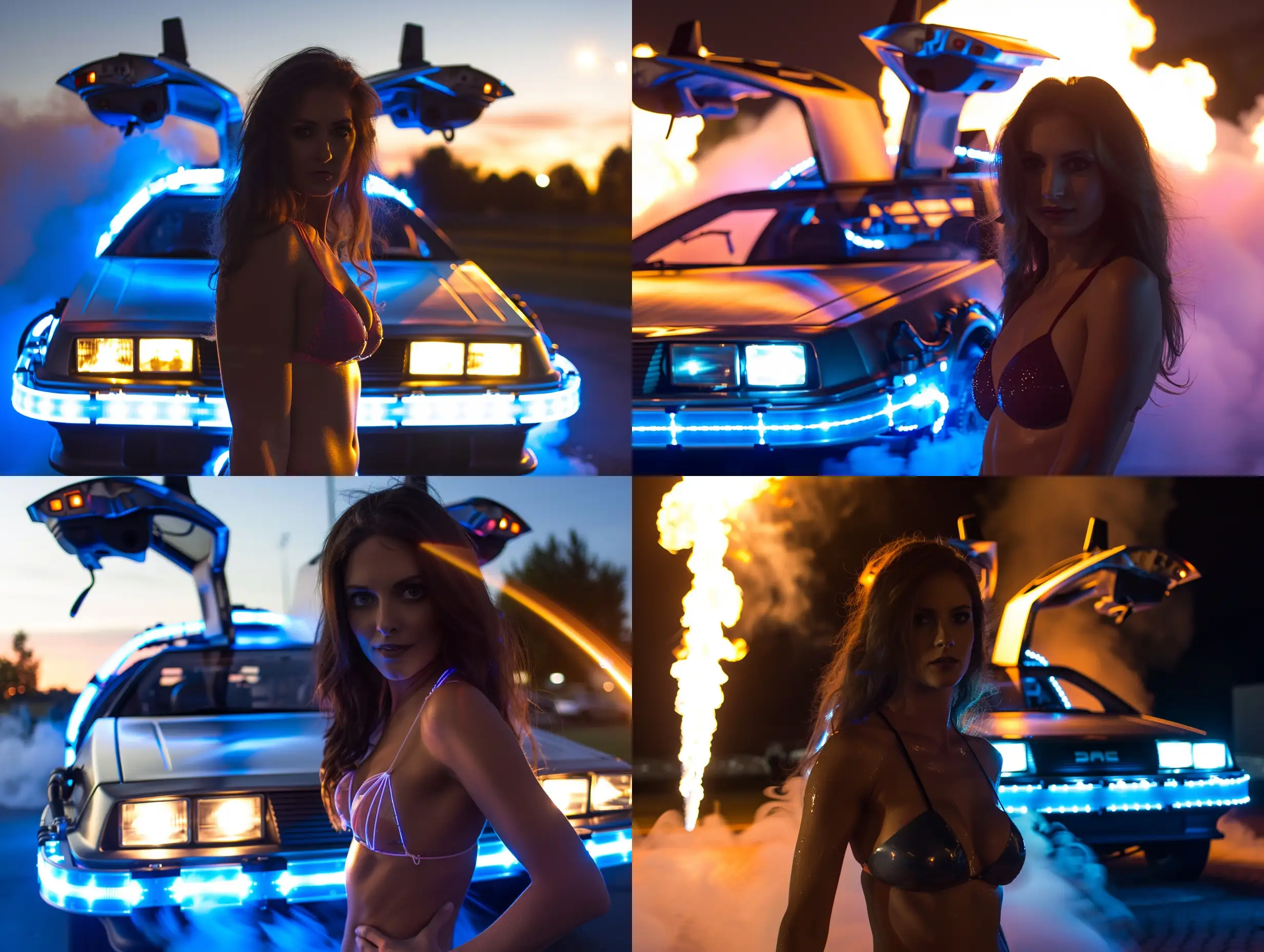 Back to the Future Delorean in background lit up, fire trails, blue lightning, smokey, futuristic, artistic with attractive lit up woman in bikini facing camera close to camera 
