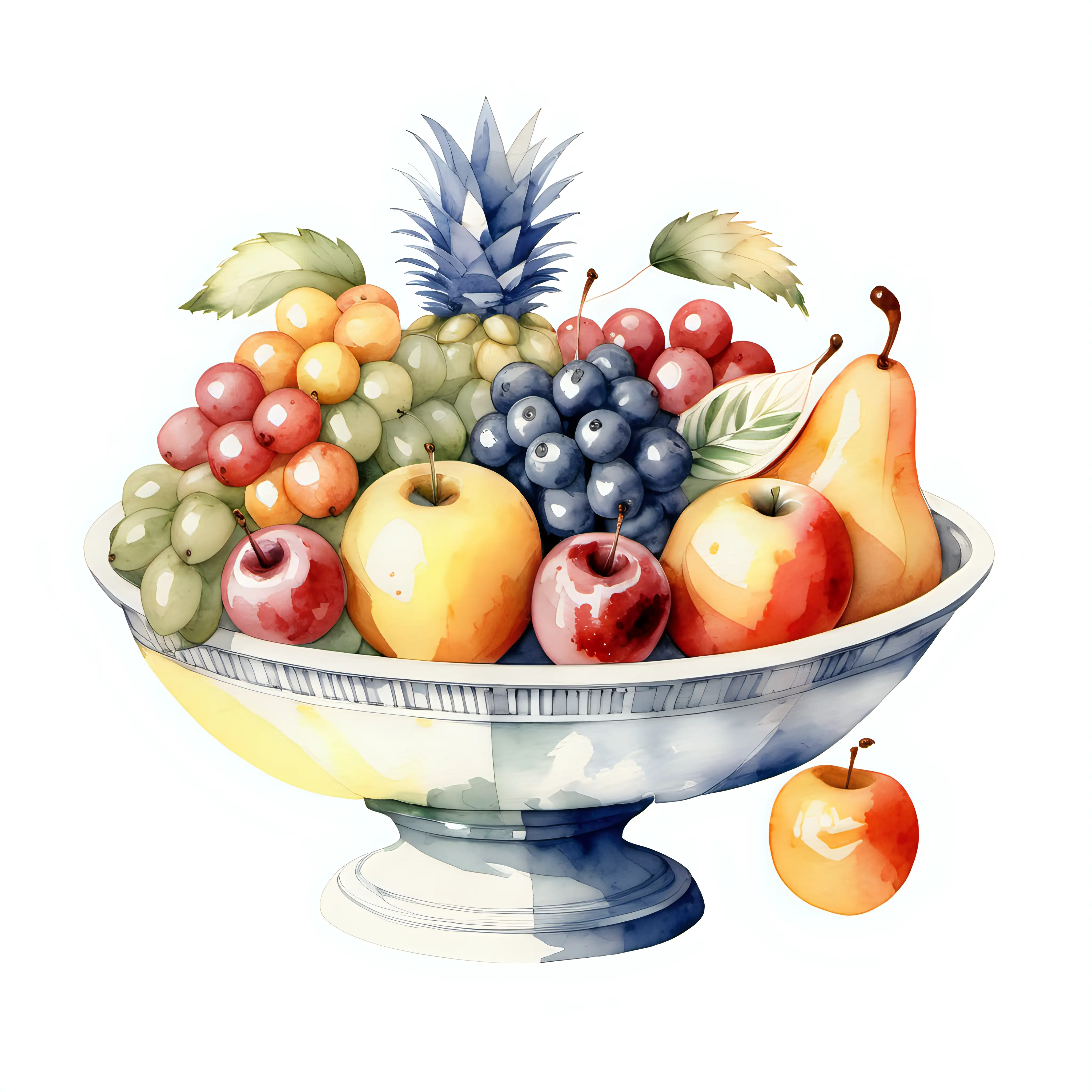 Vintage style watercolour fruit bowl on plain white background