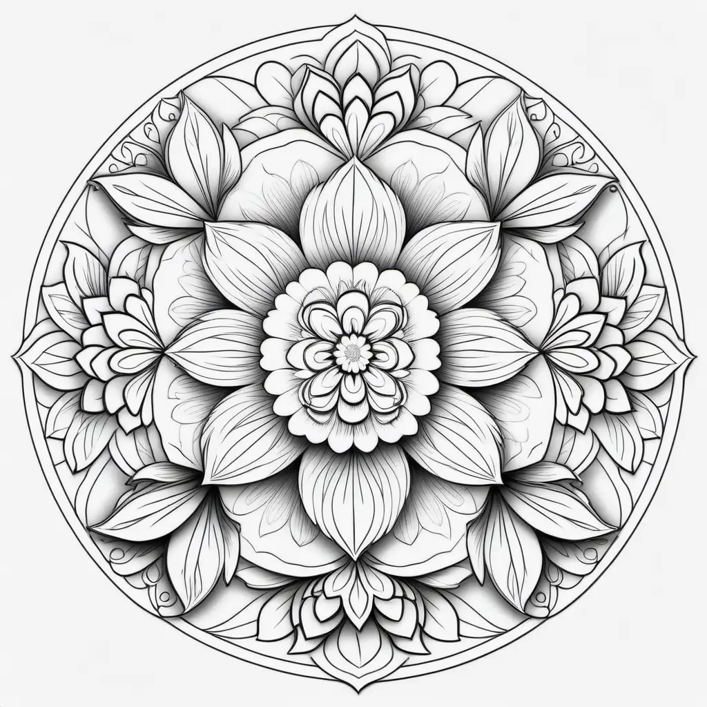 Craft a captivating floral mandala design suitable for coloring. Begin by centering the design around a floral motif or blossom. Embrace intricate and symmetrically arranged petals, leaves, and floral elements to form a balanced and engaging mandala pattern. Focus on creating clean and clear outlines that allow for easy coloring. Incorporate various flower types, such as roses, daisies, or lotuses, to add diversity and visual interest. Ensure the design provides ample space for creativity and coloring intricacies. Aim for a harmonious blend of floral elements, creating an engaging and relaxing coloring experience for enthusiasts.