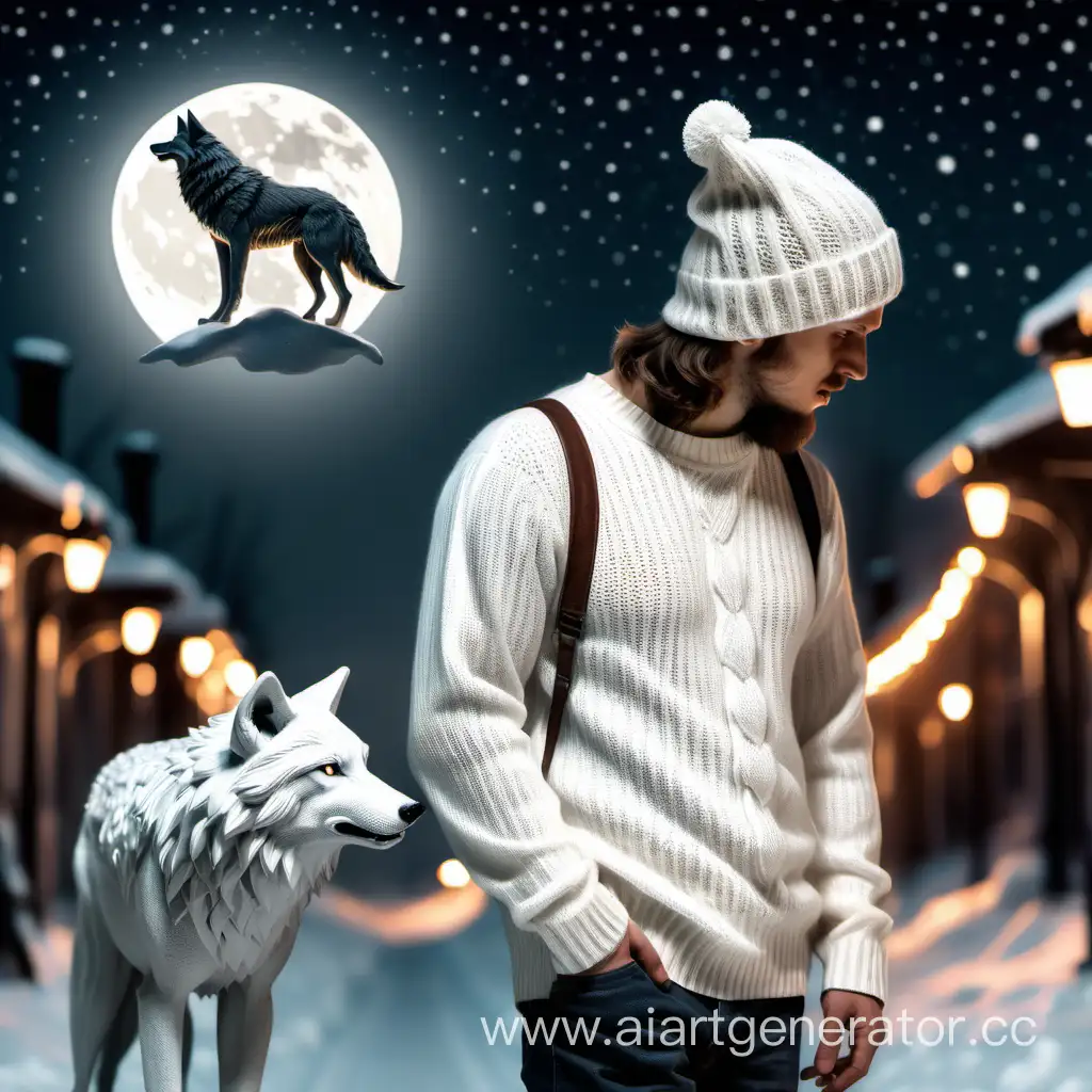 Man-in-Cozy-White-Sweater-and-Hat-Admires-Wolf-in-Illuminated-City-under-the-Moonlight